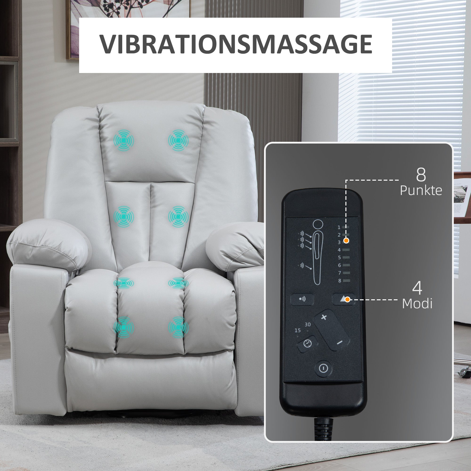HOMCOM Massagesessel Relaxsessel Seniorensessel, Fernbedienung, Seitentaschen, 94 cm x 96 cm x 106 cm, Grau