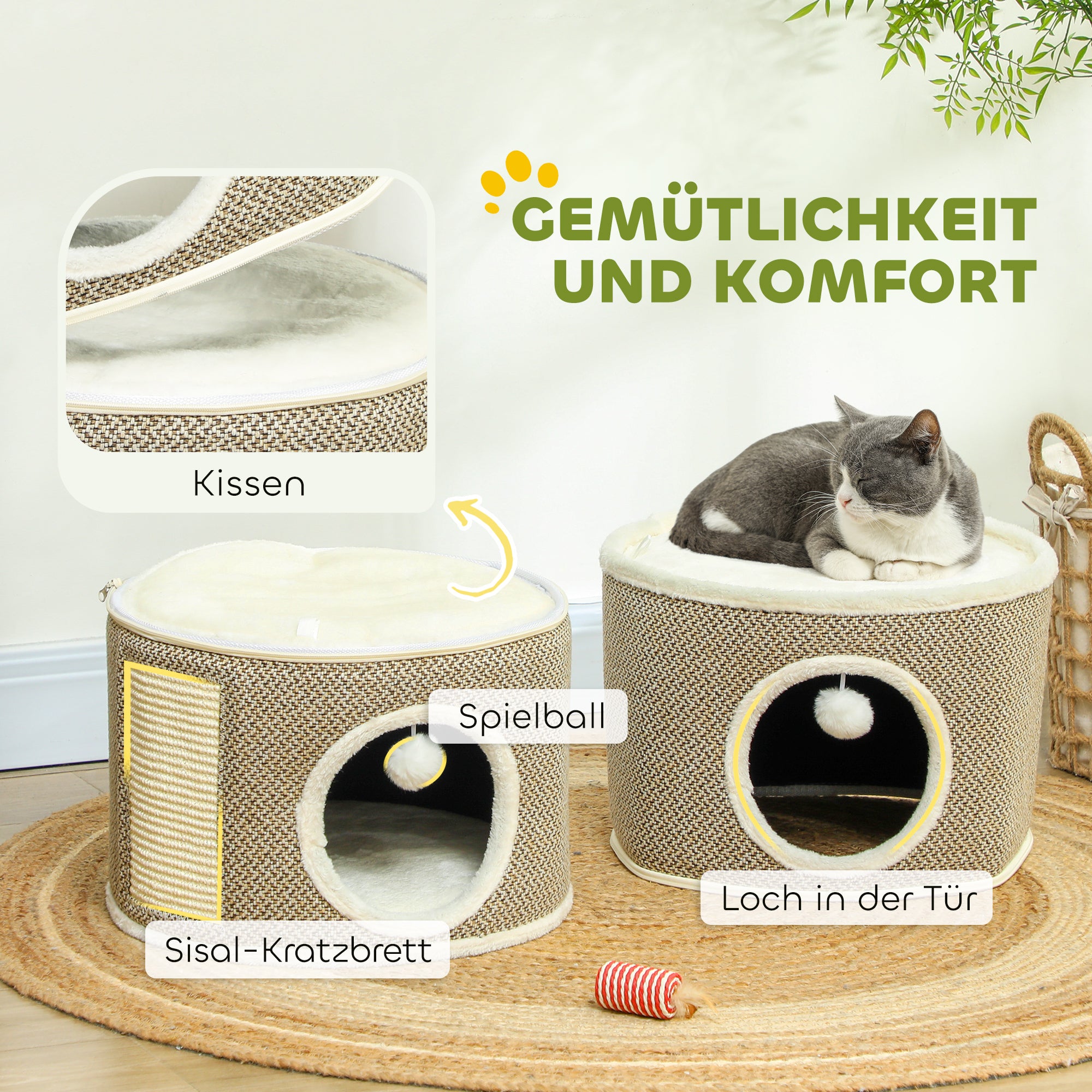 PawHut Katzenhöhle, 3 Etagen, Katzenhaus, Plüsch, Kissen, Sisal-Kratzbrett, Φ40 x 56H cm, Kaffee/Cremeweiß