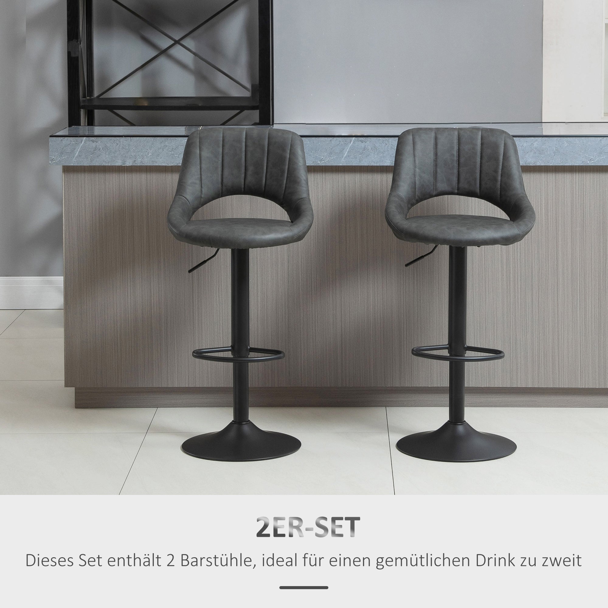 HOMCOM Barhocker 2er-Set, Lederoptik, drehbar, höhenverstellbar, Fußstütze, Metallrahmen, 44 x 49 x 90-110 cm, Grau