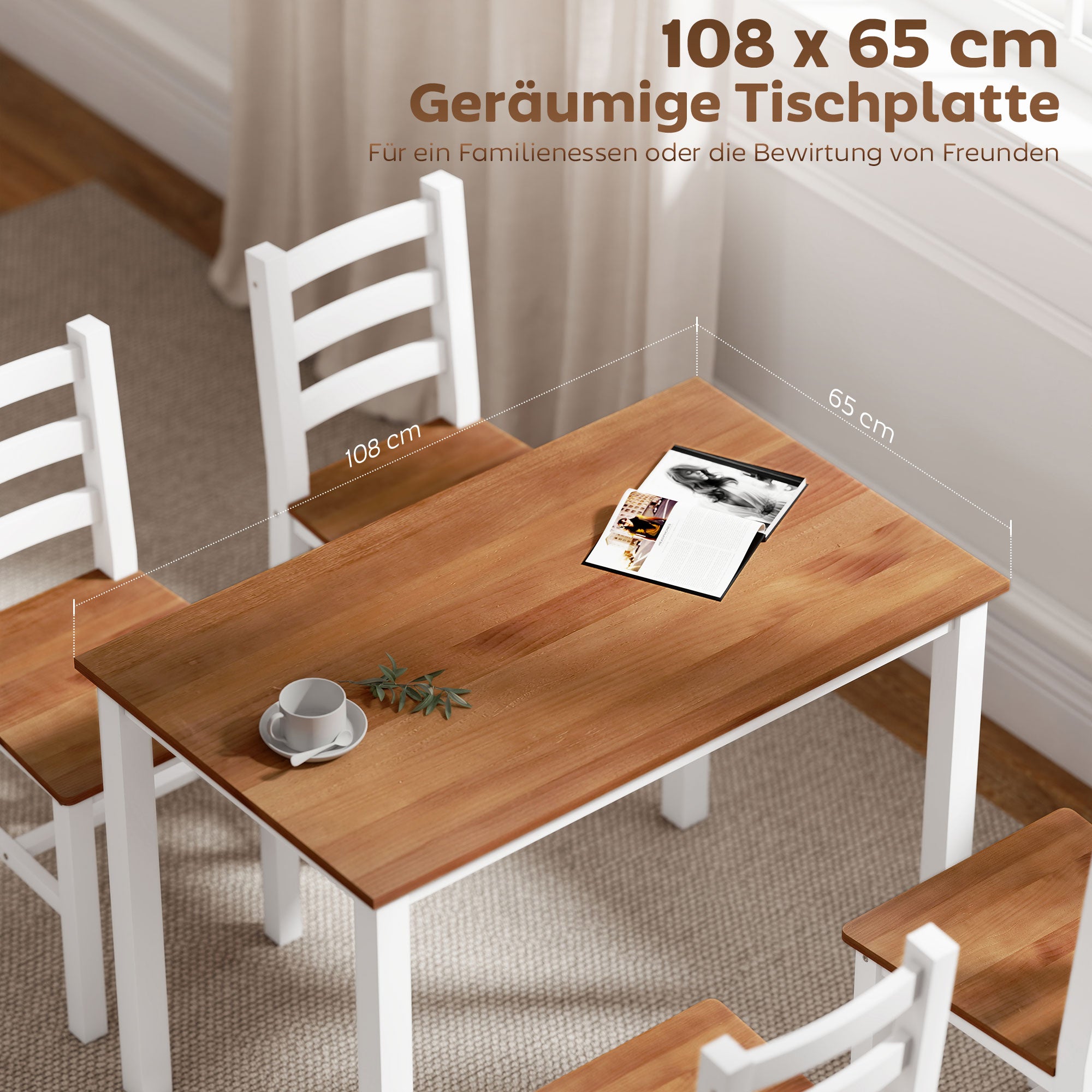 HOMCOM Essgruppenset, Esstisch, 4 Stühle, Esszimmerset, Kiefernholz, Braun+Weiß