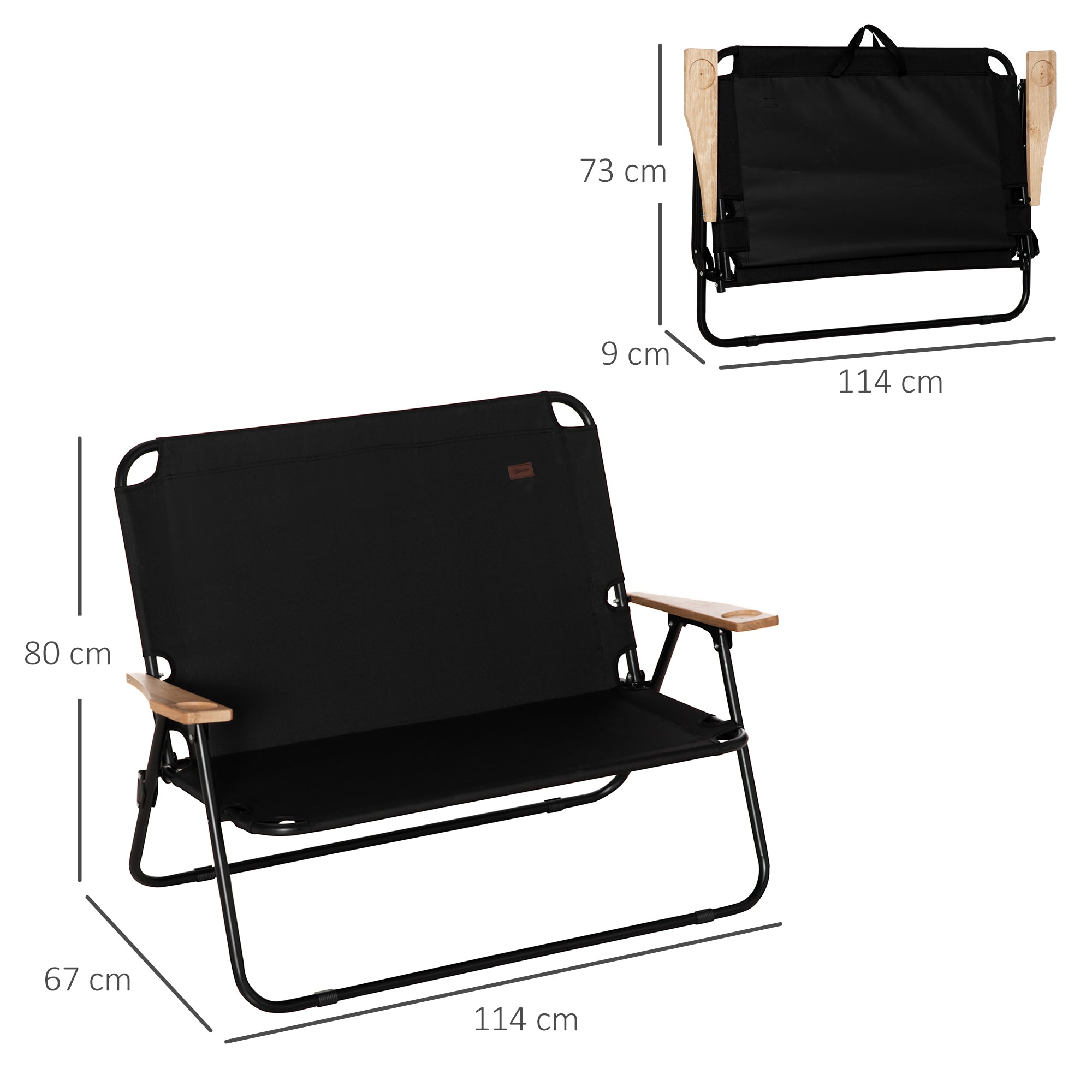 Outsunny 2-Sitzer Campingstuhl, klappbar, mit Getränkehalter, 141 x 67 x 80 cm, Schwarz