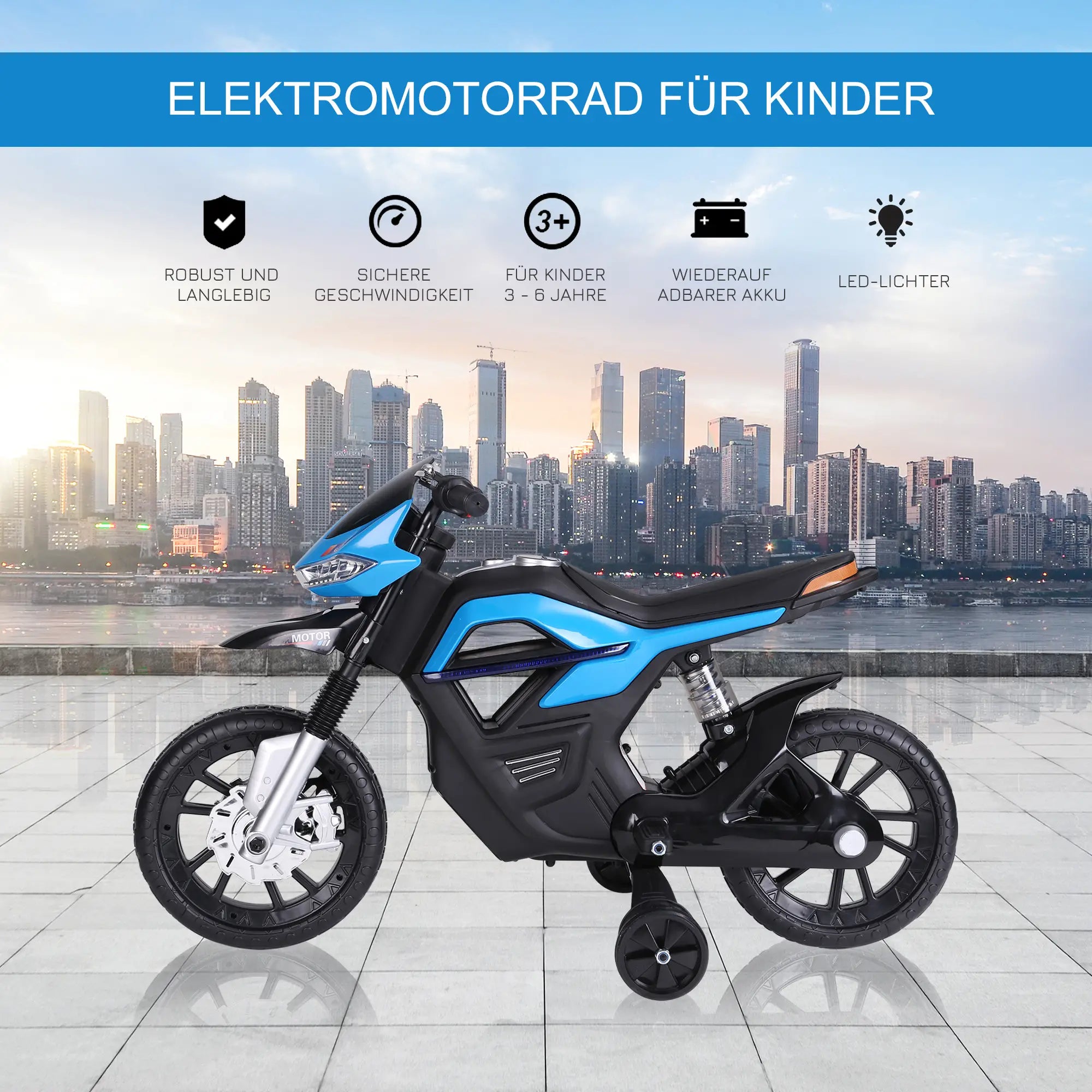 HOMCOM Kindermotorrad Elektrofahrzeug mit Licht Musik Stützrädern Blau