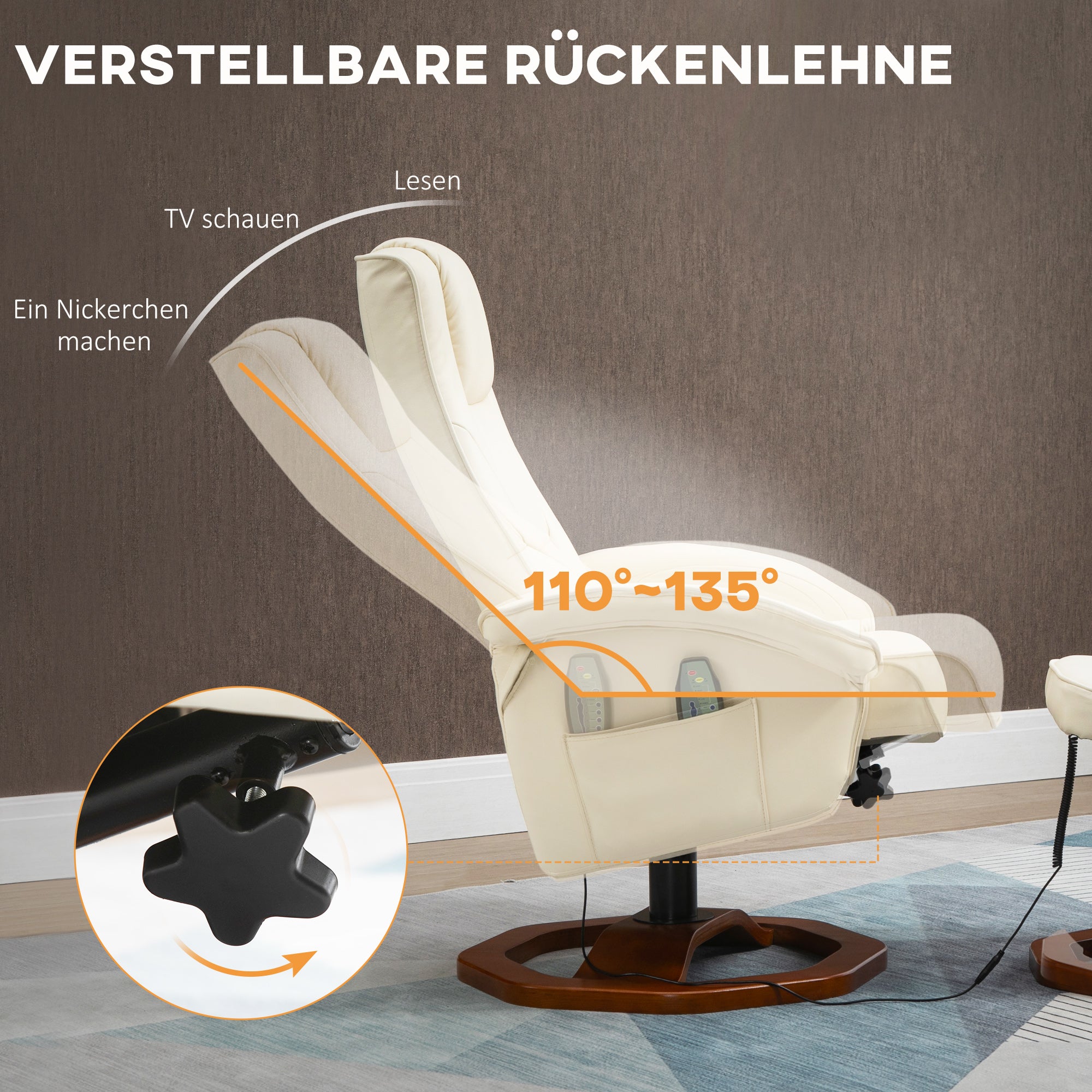 HOMCOM Massagesessel, mit Fußhocker, 10 Massagepunkte, Liegefunktion, drehbarer Sitz, Cremeweiß, 73 x 83 x 106cm