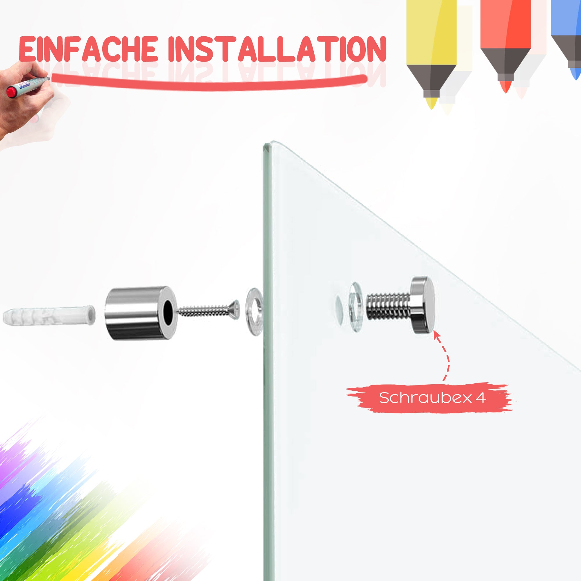 Vinsetto Glas Whiteboard, Memoboard, Whiteboard,  4 Stifte, 6 Magnete, 1 Schwamm,1 Ablage, Weiß
