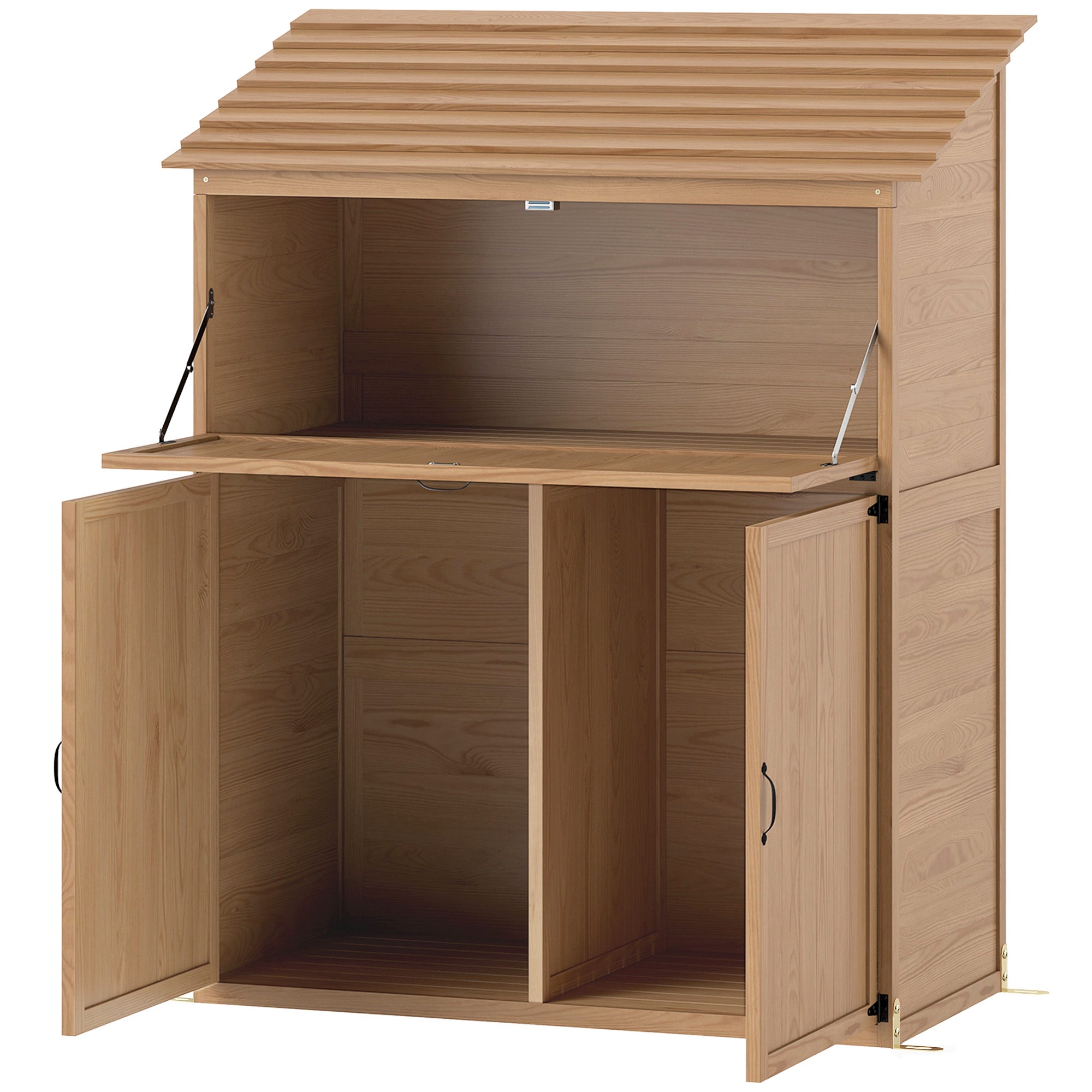Outsunny Garten-Aufbewahrungsschrank mit ausklappbarem Tisch, Werkzeugschrank mit Dach, 110 x 54 x 136 cm, Tannenholz, Braun