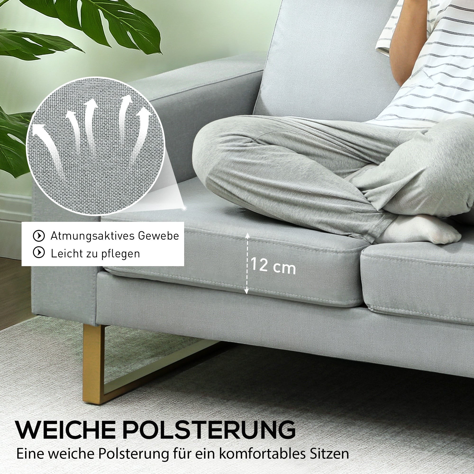 HOMCOM 2-Sitzer-Sofa, Couch mit Vollholzrahmen, Metallbeine, schlichtes Design, Hellgrau
