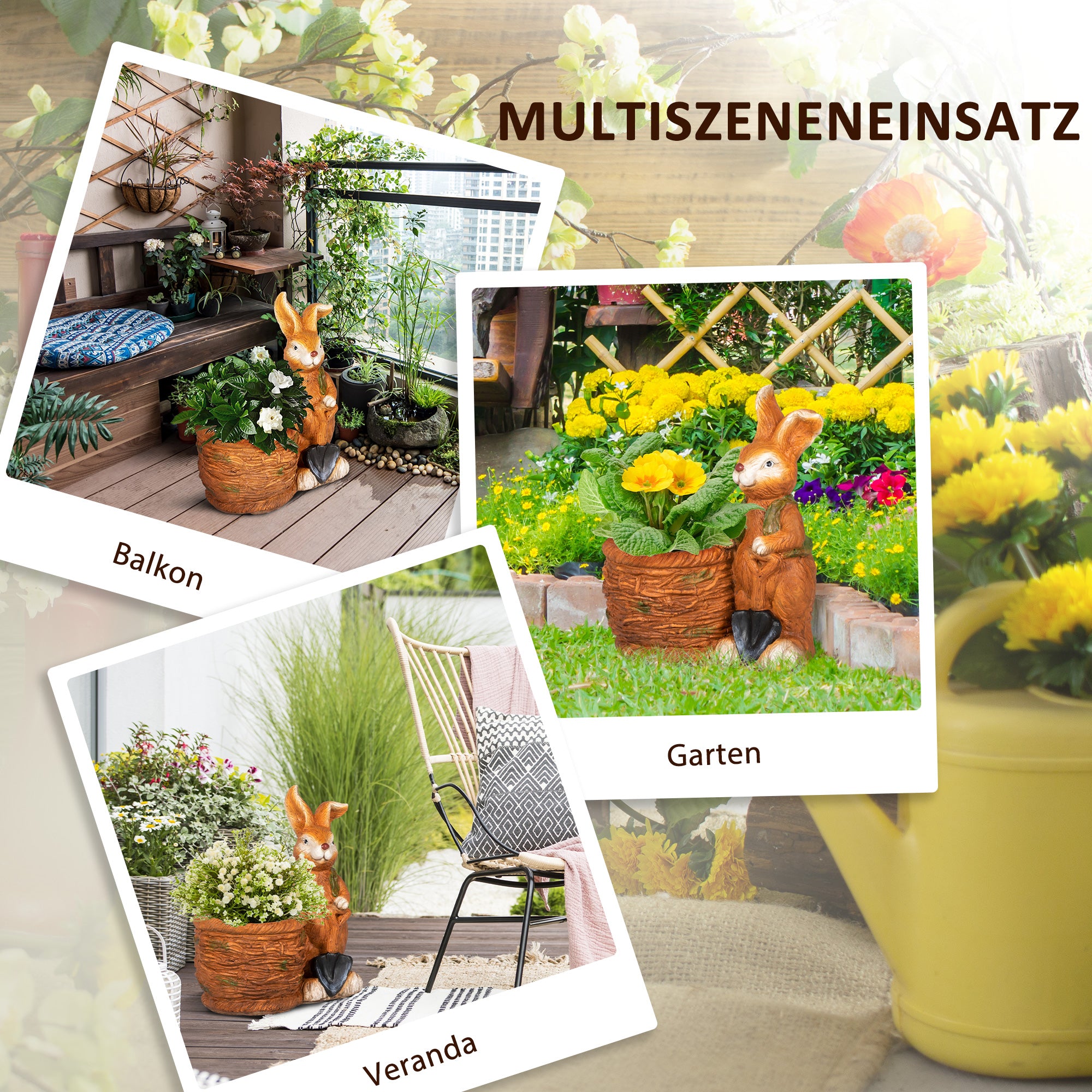 Outsunny Blumentopf, Hase mit Weidenkorb, wetterfest, 45x27x50cm, Braun