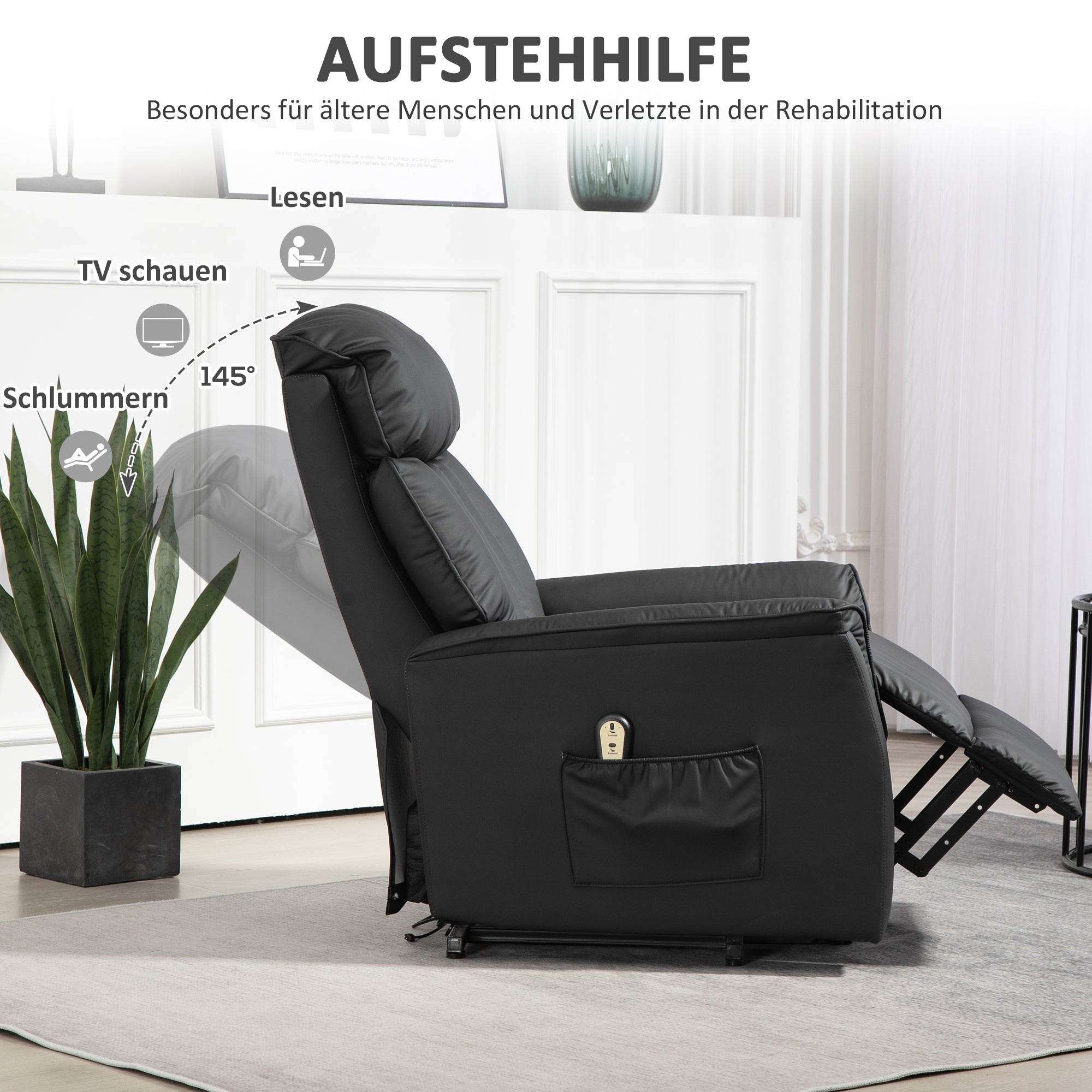 HOMCOM Elektrischer Aufstehsessel, Fernsehsessel, Sessel mit Aufstehhilfe, Liegefunktion, Kunstleder, 80 x 94 x 104 cm, Schwarz