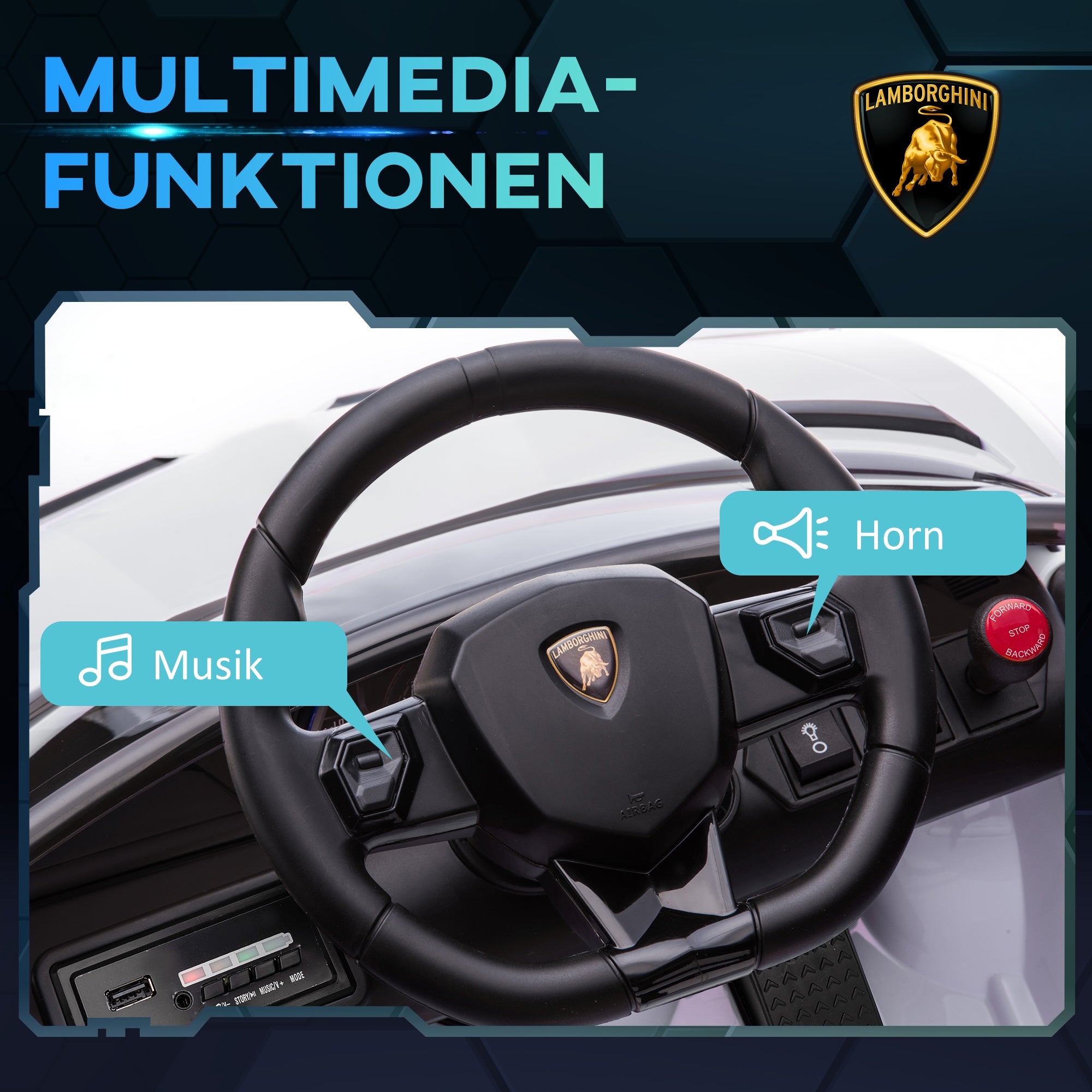 HOMCOM Elektro-Kinderauto, lizenzierter Lamborghini Aventador, Flügeltüren, Musik, Hupe, für 3-5 Jahre, Weiß