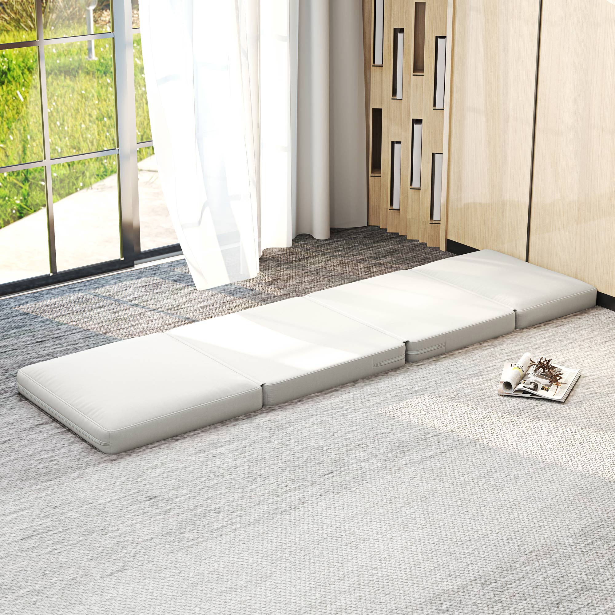 HOMCOM Faltbarer Bodensessel mit Kissen, wandelbares Polstersofa, Wohnzimmer, Gästezimmer, Büro, 75 x 268 x 18 cm, Cremeweiß