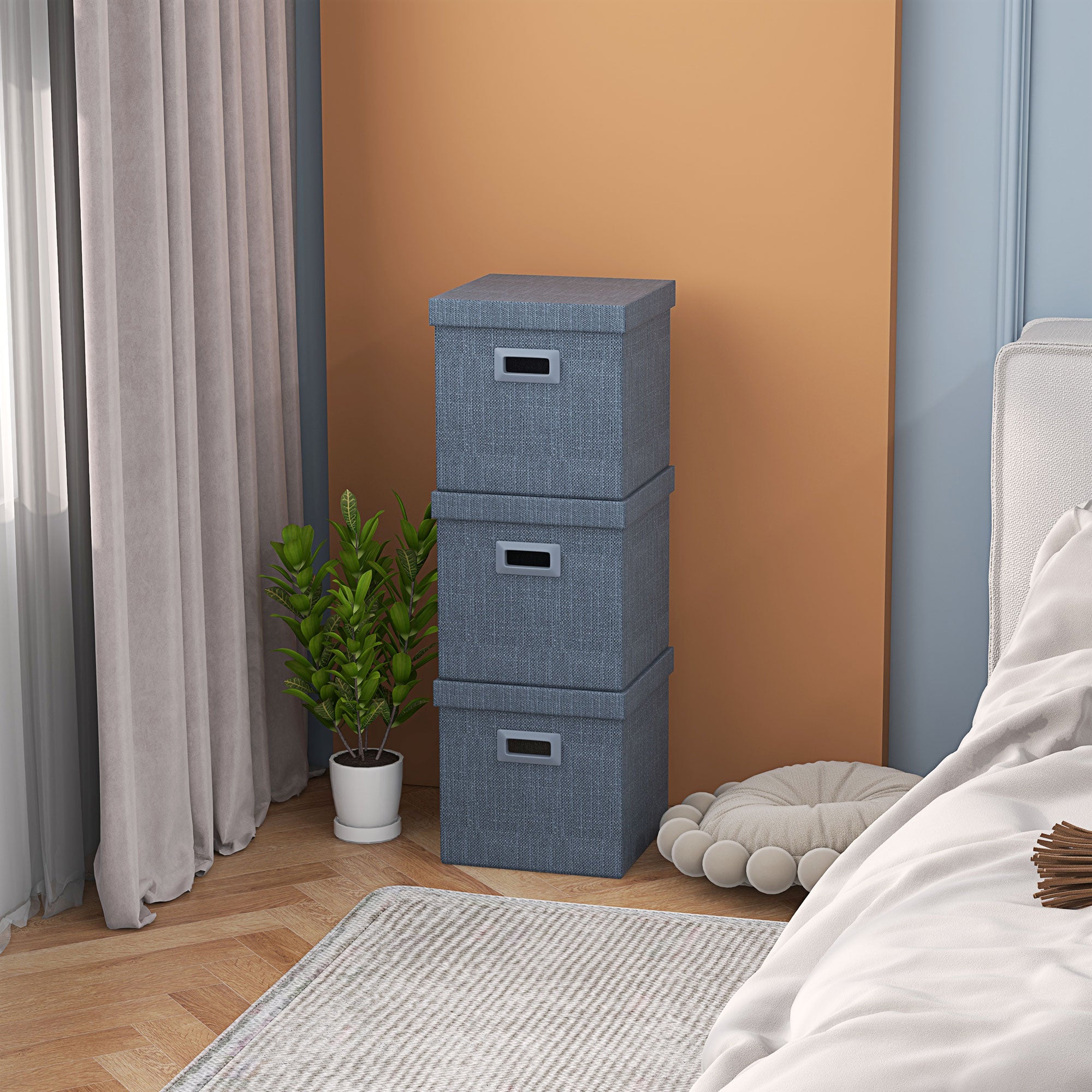 HOMCOM Aufbewahrungsbox Set, abnehmbarer Deckel, Griffe, faltbar, stapelbar, Leinenimitat, Blau