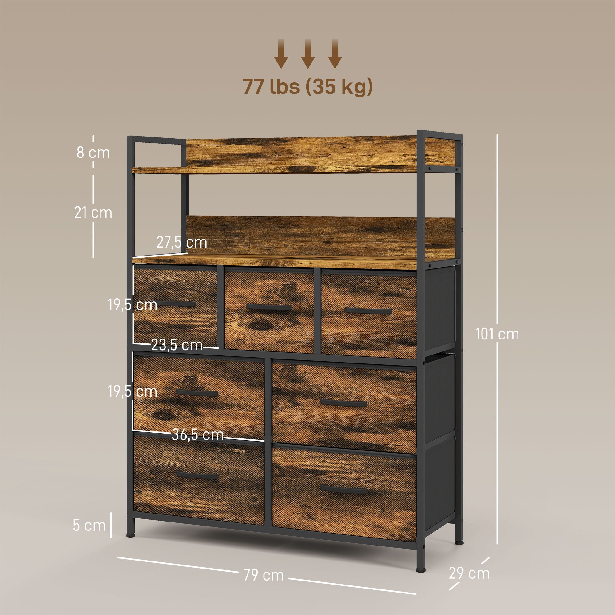 HOMCOM Stoff-Kommode, 7 faltbare Schubladen, 2 Regale, Stahlrahmen, Braun