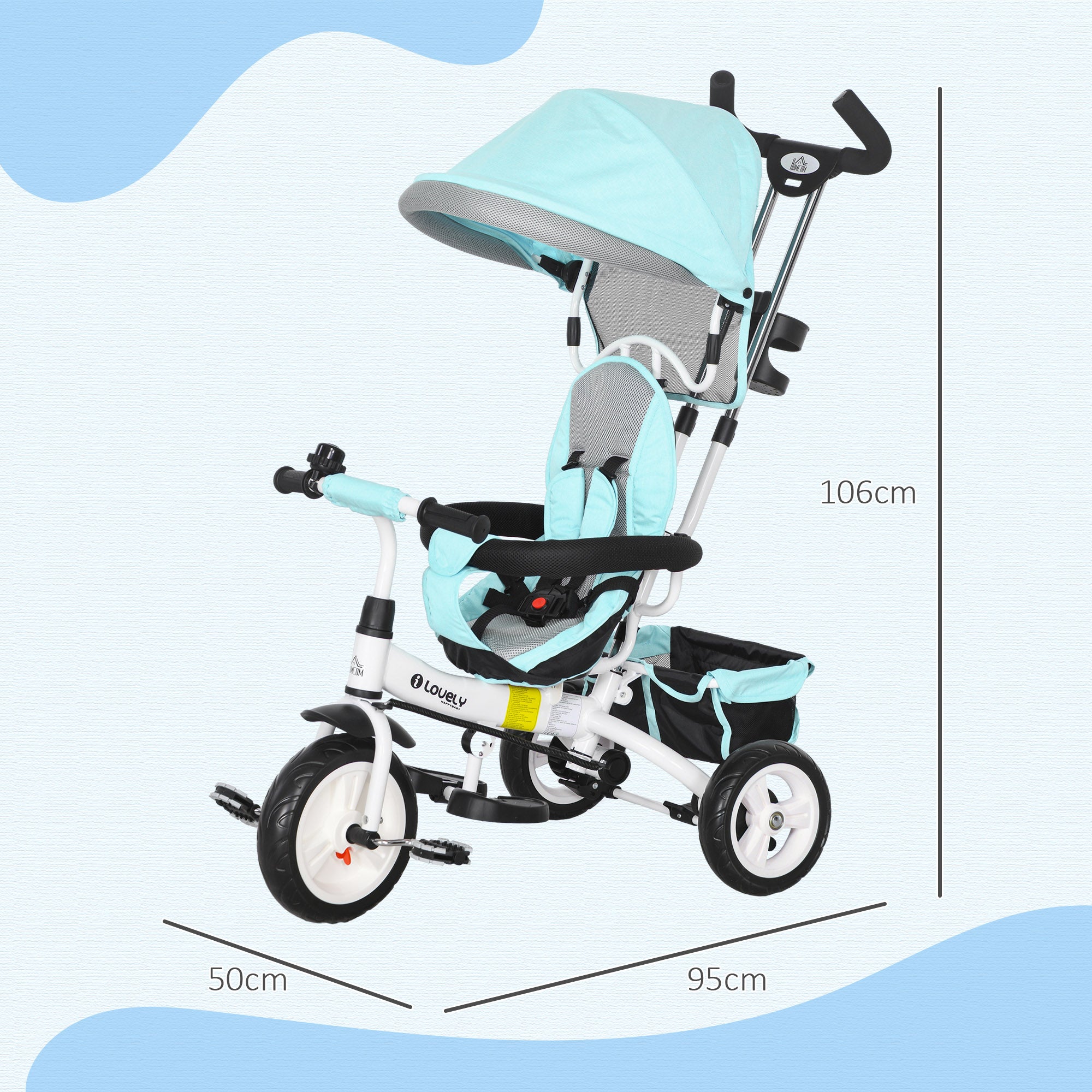 HOMCOM 6-in-1 Kinderdreirad mit Schiebestange, Dach, Gurt, Ablagekorb, für 1-5 Jahre, Grün