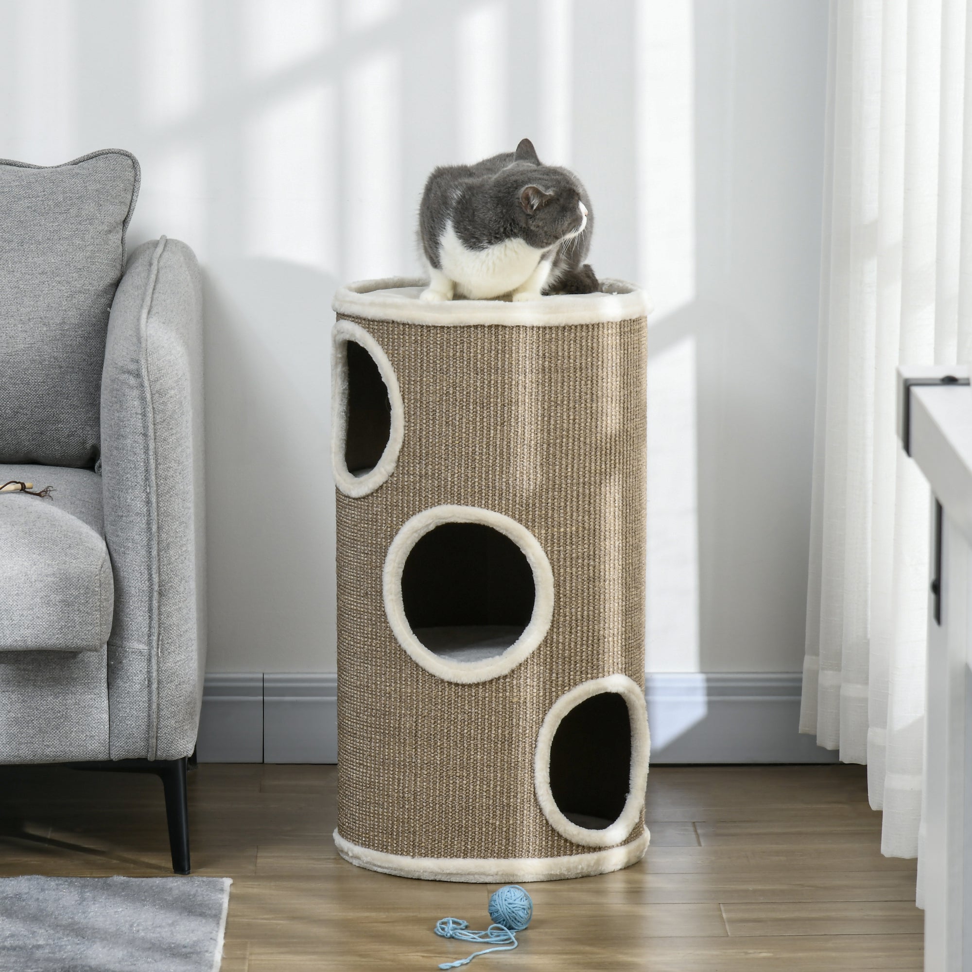 PawHut Katzen Kratztonne, weicher Plüsch, Sisal-Kratzteppich, robust, Ø38 x 70H cm, Braun