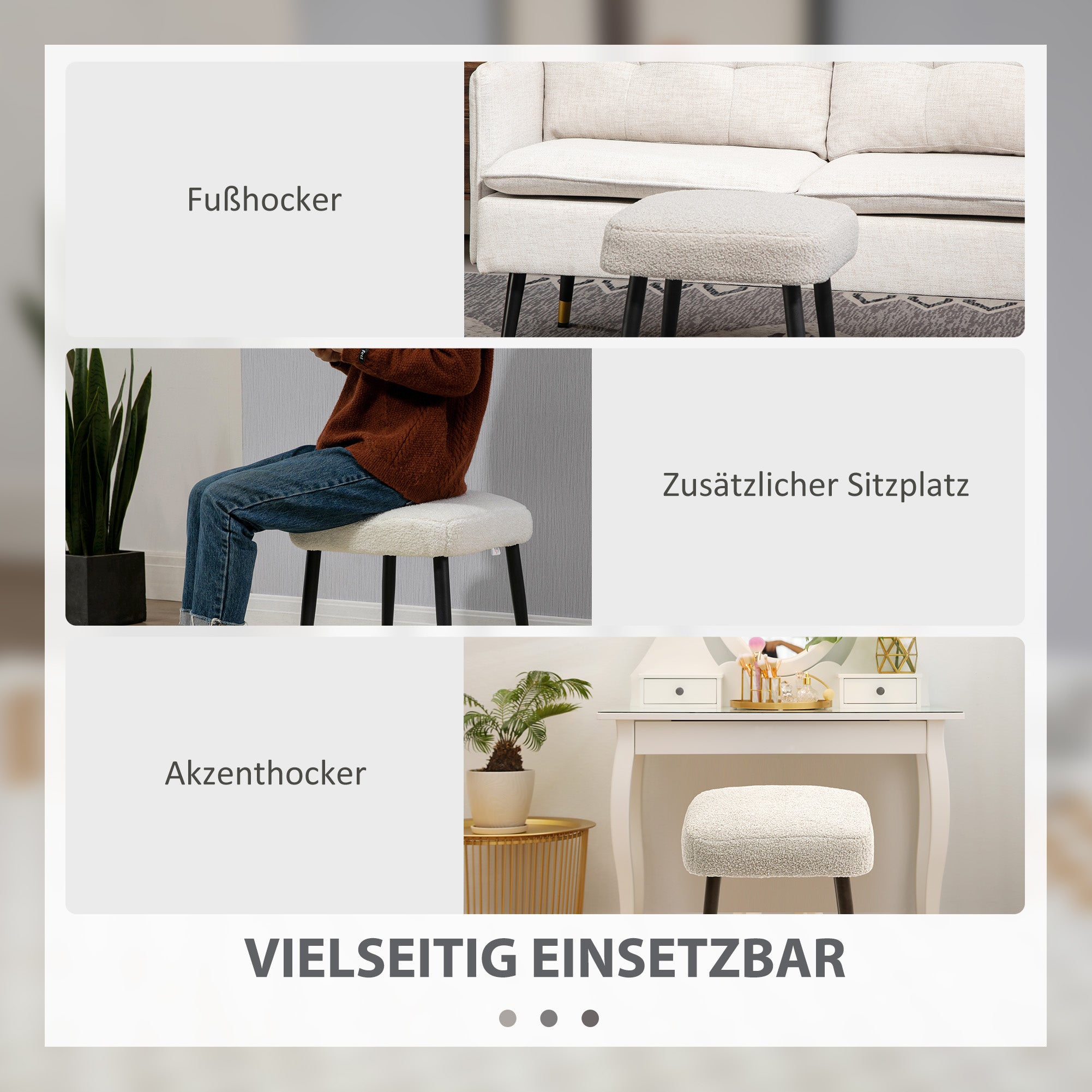 HOMCOM Hocker, Fußstütze, gepolsterter Sitz, Kaschmir-Optik, Stahlbeine, 42 x 42 x 47 cm, Hellgrau