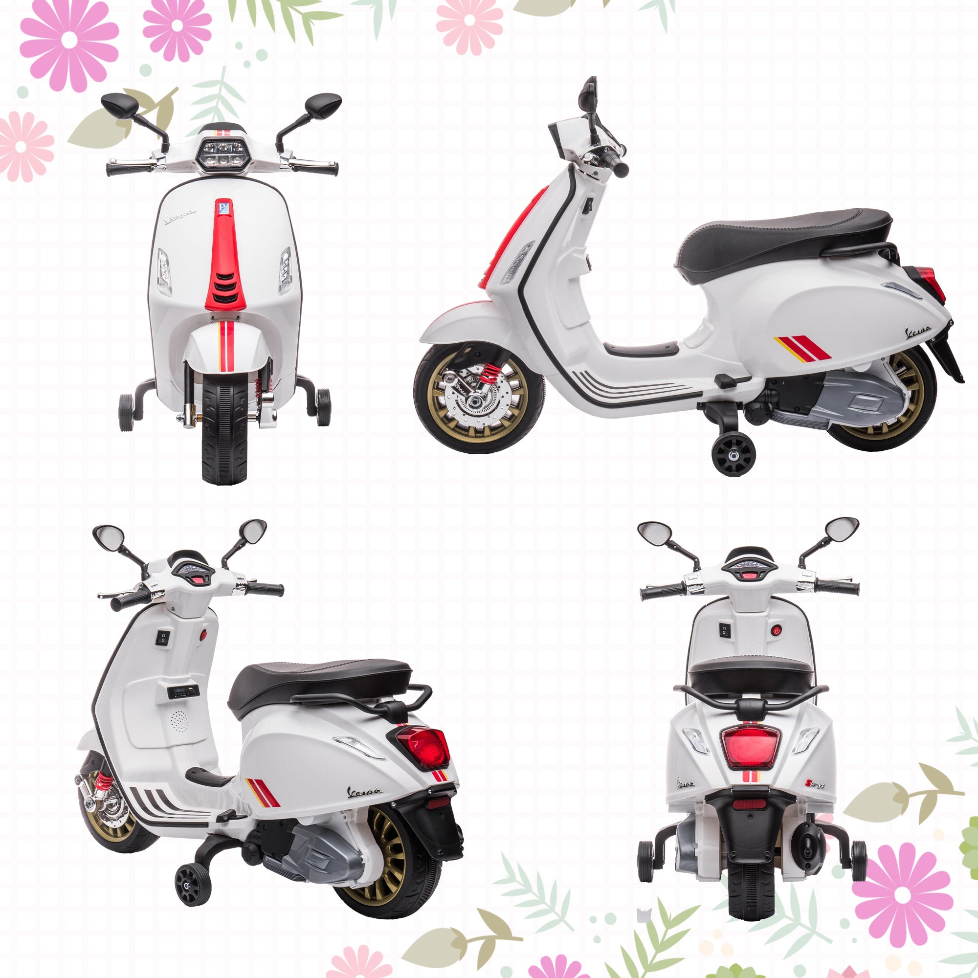 AIYAPLAY Elektro-Kindermotorrad, Vespa, 3 km/h, 3-6 Jahre, Musik, Licht & Radio, Weiß
