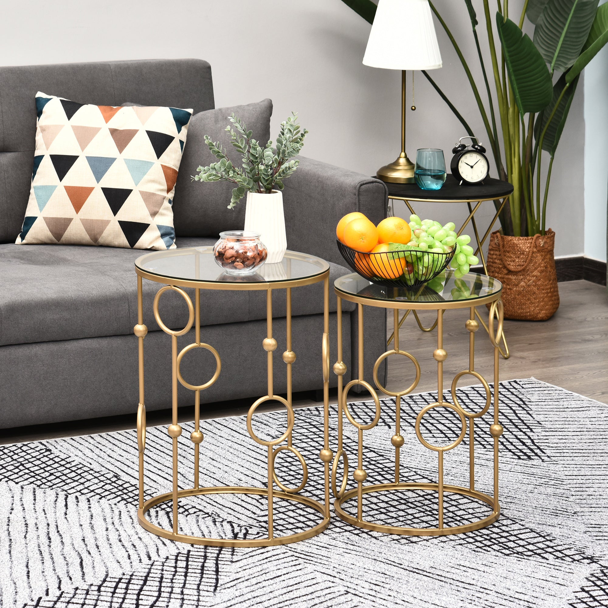HOMCOM 2er-Set Couchtisch, Beistelltisch mit Glasplatte, Wohnzimmertisch mit Reifen- und Kugeldesign Ø41 x 57 cm, Gold