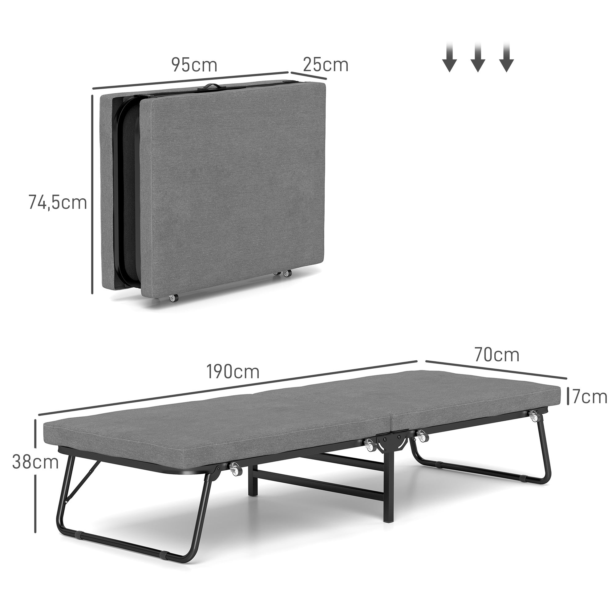 HOMCOM Klappbett, 70 x 190 cm Gästebett, mit 7 cm Schaumstoff-Matratze, verstellbare Rückenlehne, mit Rollen, Dunkelgrau