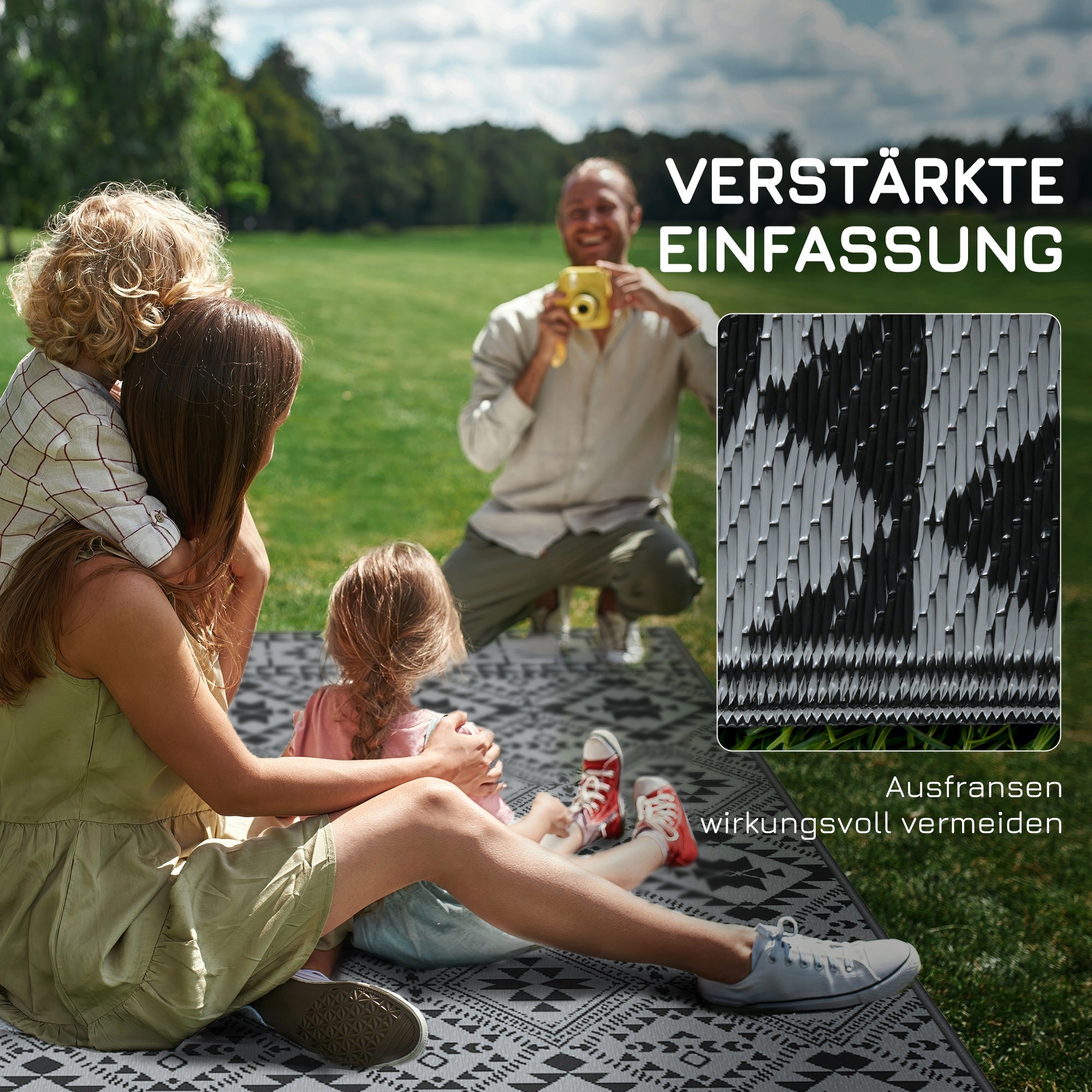 Outsunny Outdoor Wendeteppich, wasserfest, geometrisch, 182x274cm, Schwarz/Grau