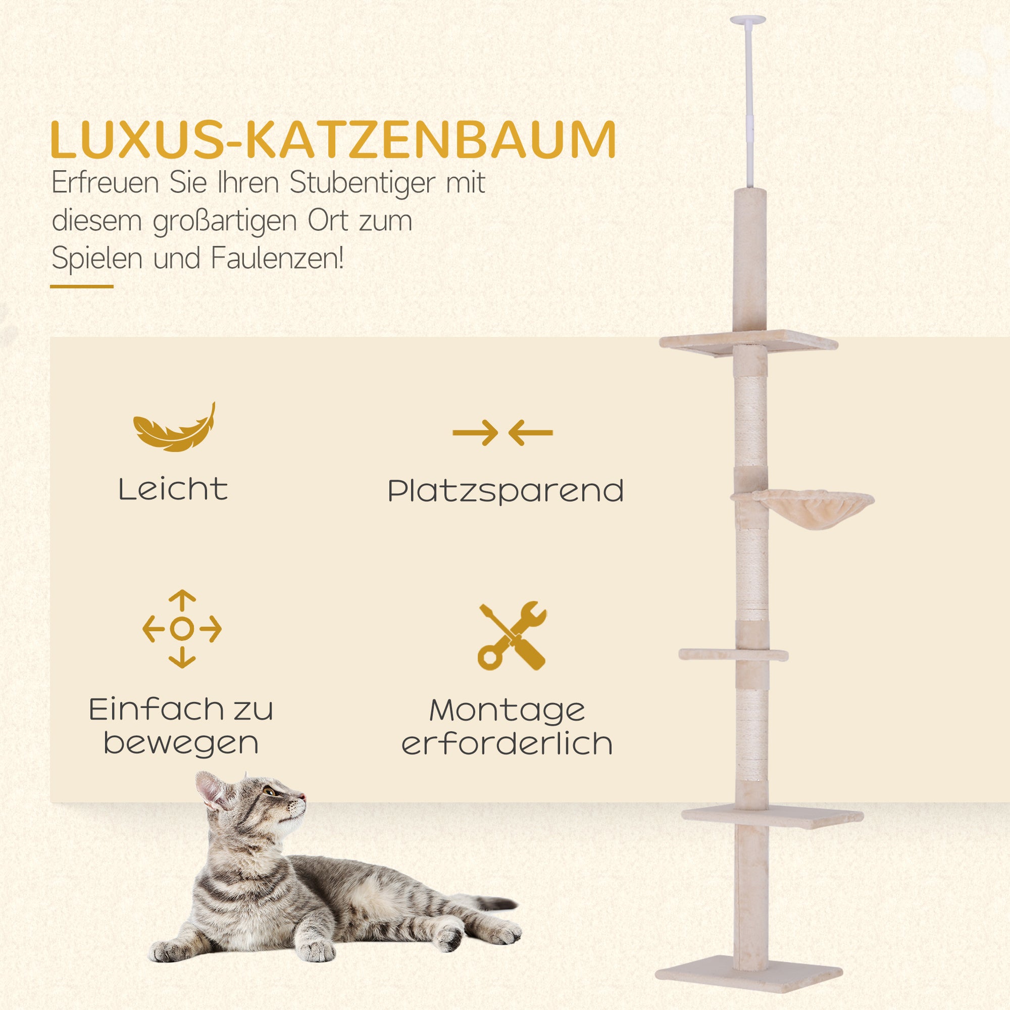 PawHut Kratzbaum Deckenhoch höhenverstellbar, stabiler Katzenbaum mit Sisalsäulen, Katzen Kletterbaum, Beige, 40 x 34 x 230-260 cm