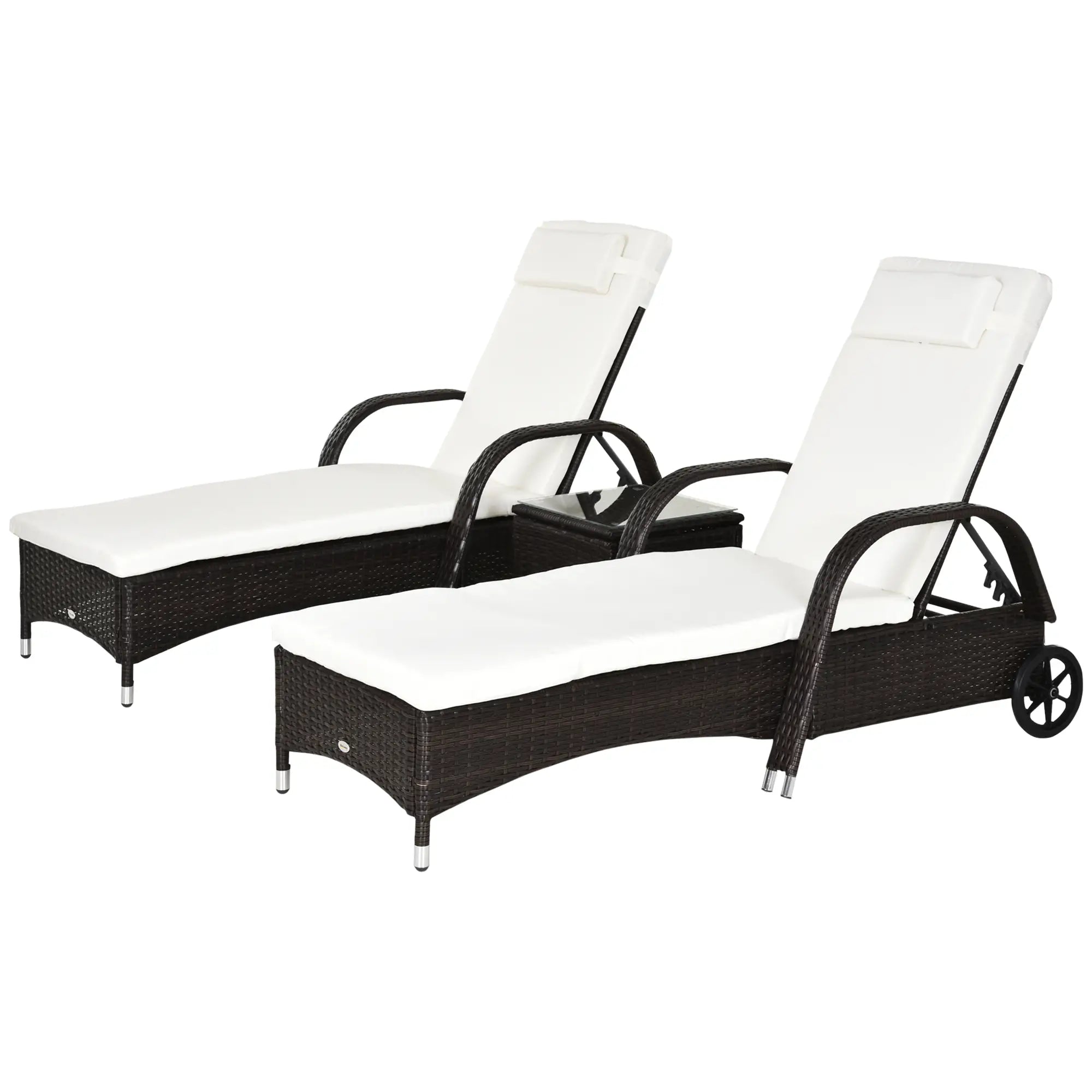 Outsunny Sonnenliegen-Set mit Rollen & Tisch Polyrattan Braun-Cremeweiß
