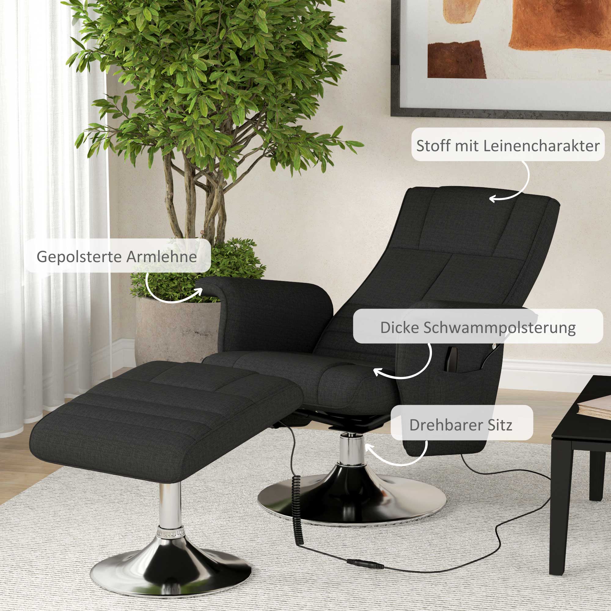 HOMCOM Massagesessel mit Hocker, neigbare Lehne, 78 x 95 x 88 cm, Schwarz
