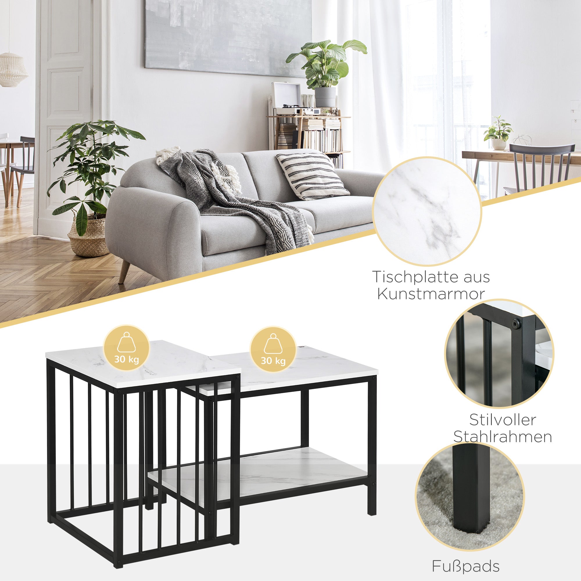 HOMCOM Satztisch-Set, pflegeleichte Oberflächen, Stahlgestell, Weiß/Schwarz