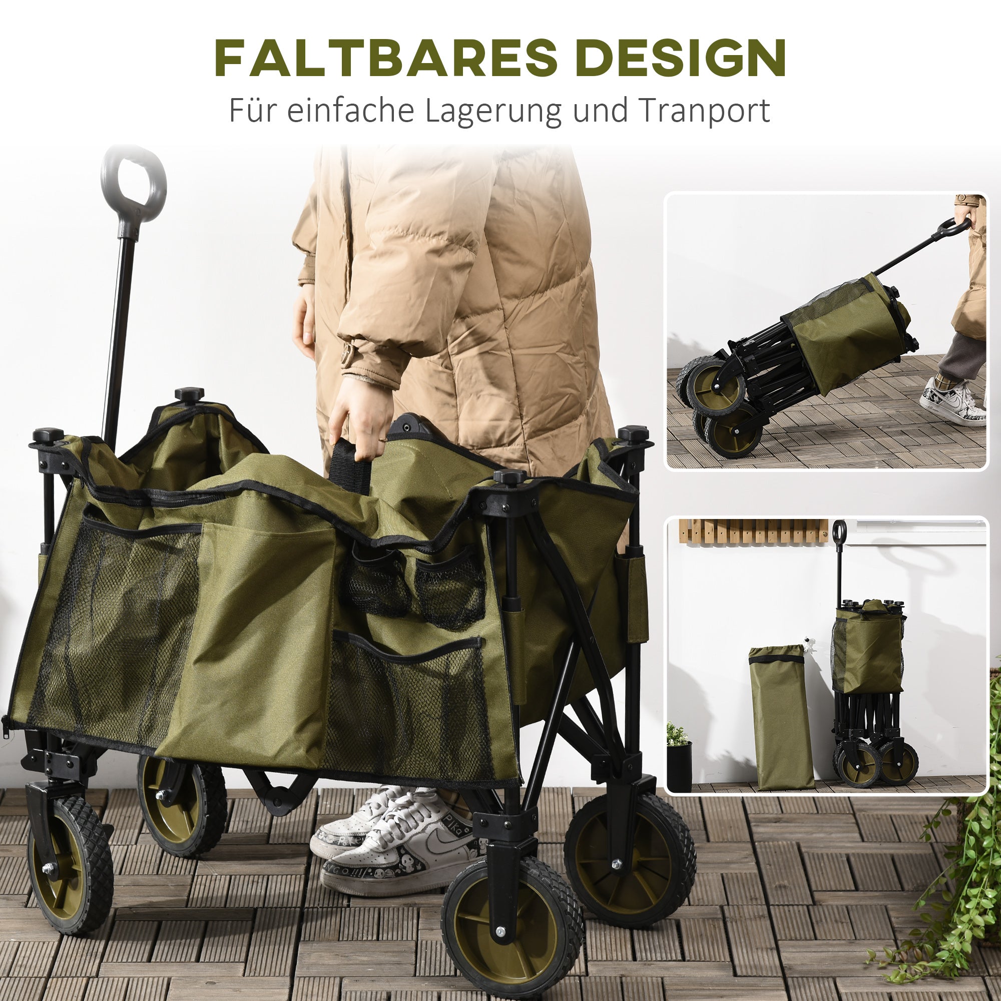 Outsunny Bollerwagen, klappbar, 5 Seitentaschen, verstellbarer Griff, bis 120 kg belastbar, Stahl, 108 x 55 x 93 cm, Grün