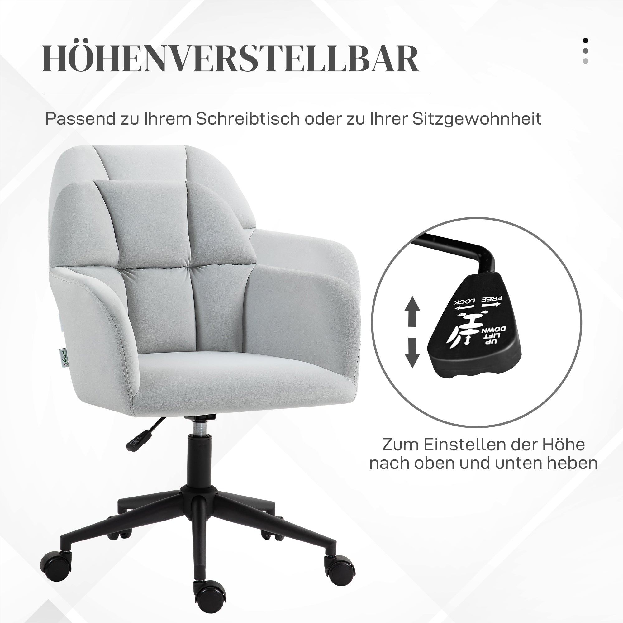 Vinsetto Bürostuhl, ergonomisch, höhenverstellbar, drehbar, Samtoptik, bis 120 kg, Hellgrau