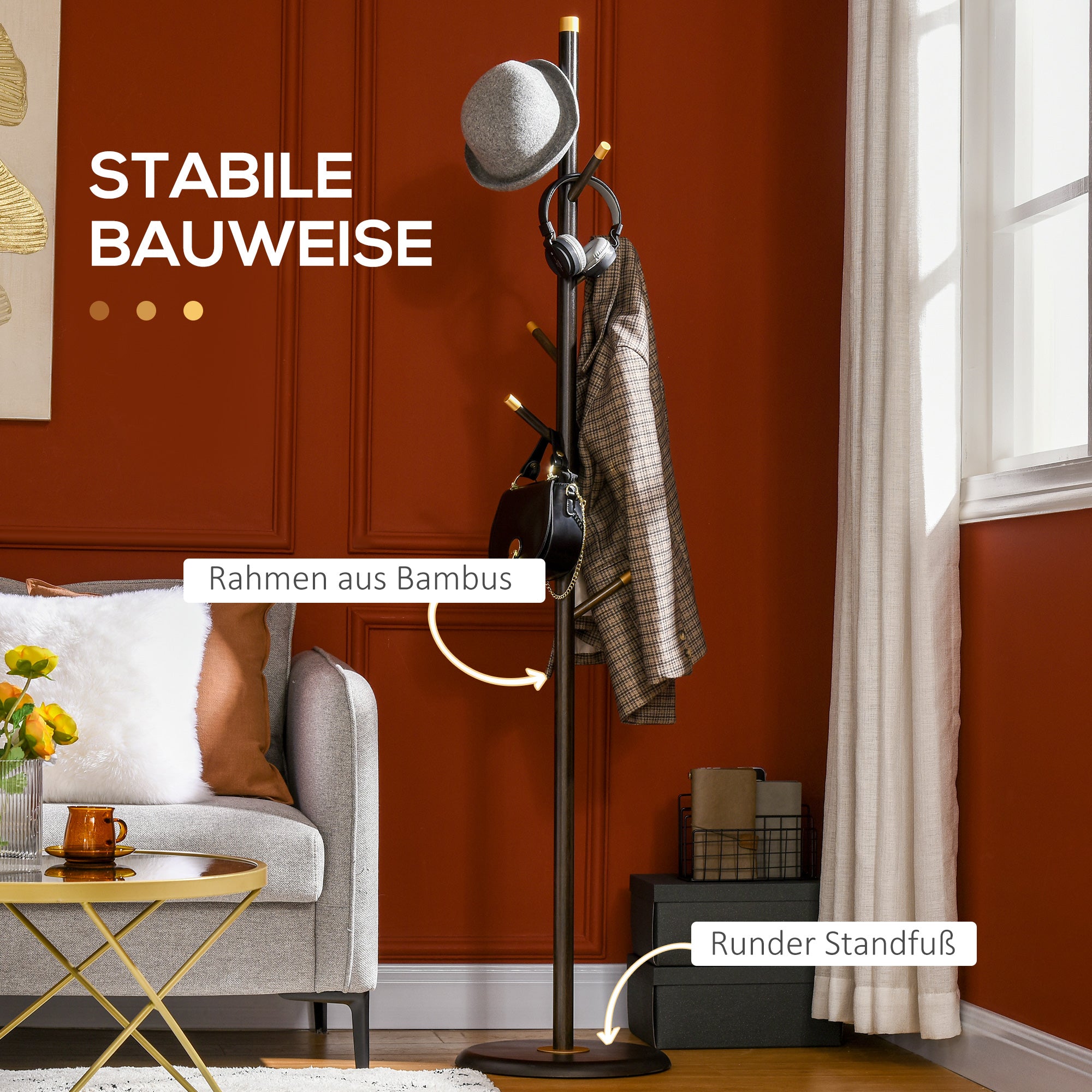 HOMCOM Garderobenständer, Kleiderständer, 6 Haken, Walnuss