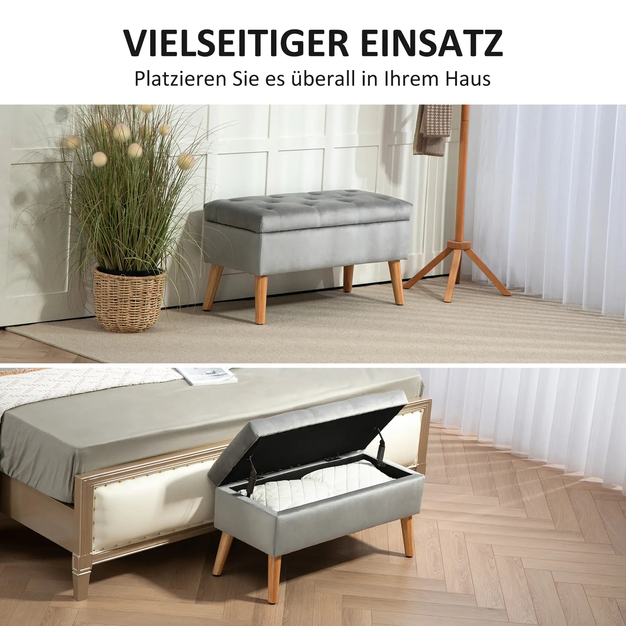 HOMCOM Polsterbank mit Stauraum, Stoffbezug in Samtoptik, Holzbeine, für Wohnzimmer, Schlafzimmer, Flur, 80 x 35 x 40 cm, Grau