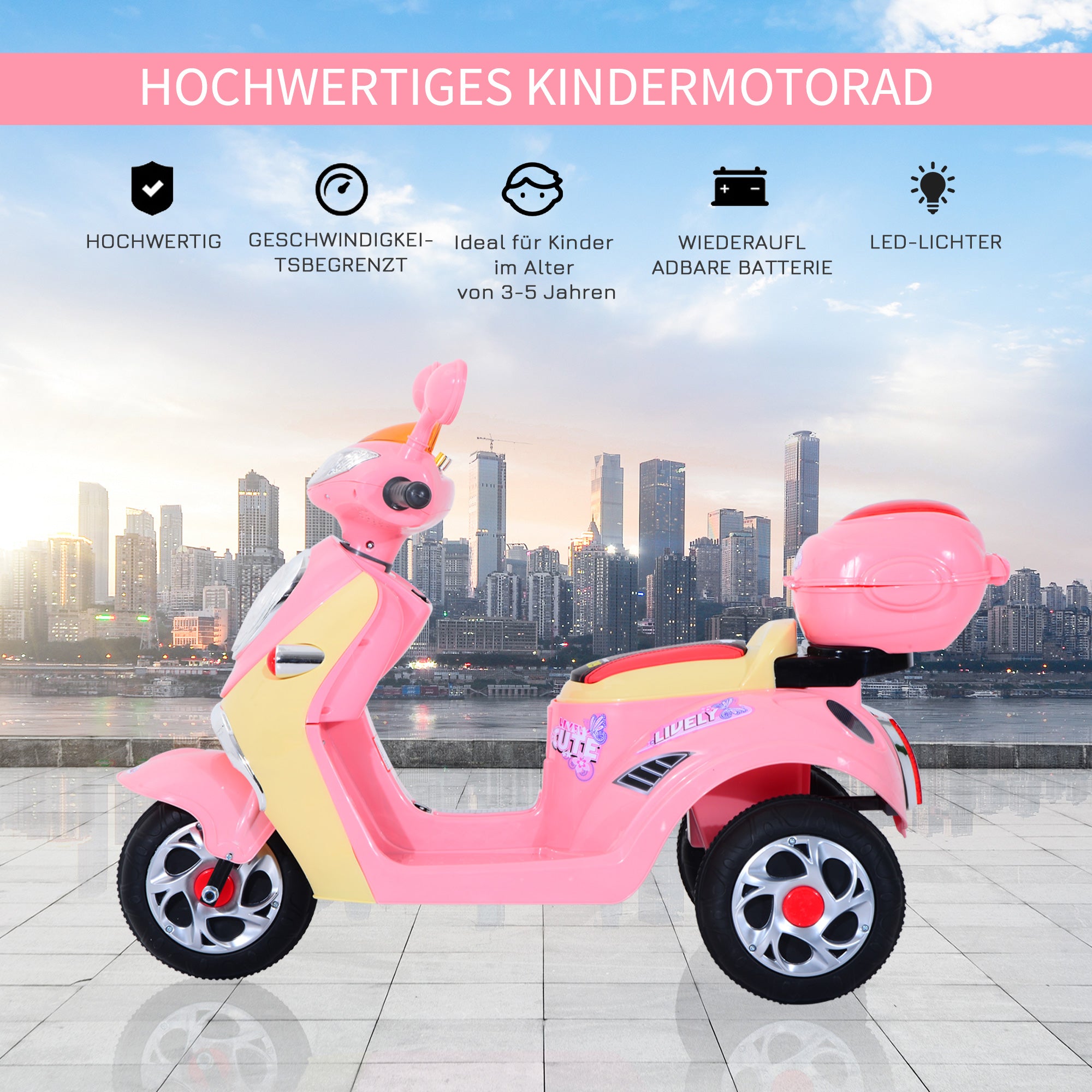 HOMCOM Elektro Kindermotorrad Elektromotorrad Kinderelektroauto Kinderfahrzeug Dreirad, 6V, Metall+PP, 108x51x75cm (Rosa+Gelb)