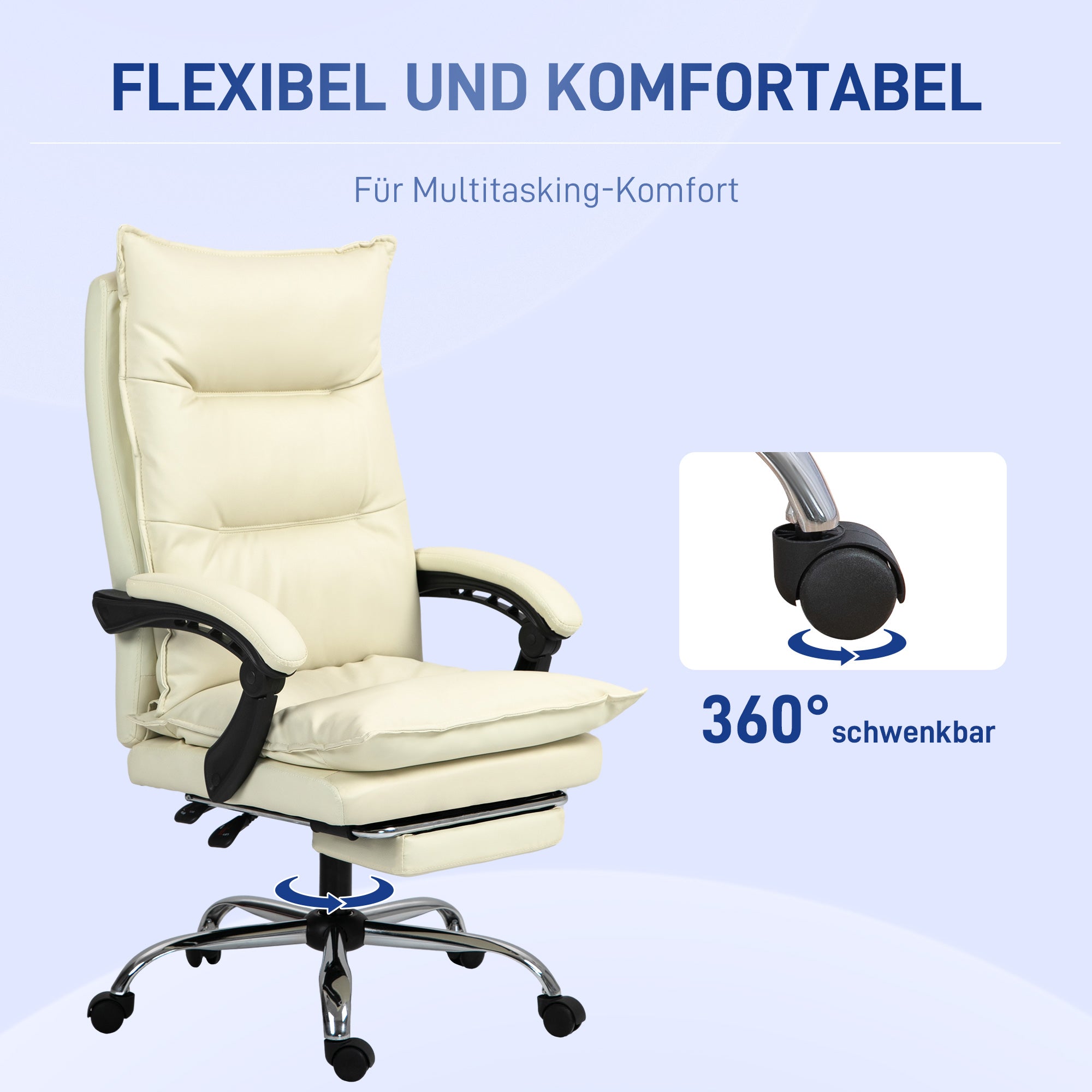 Vinsetto Bürostuhl, verstellbare Sitzhöhe, Fußstütze, Kunstleder, bis 135 kg, Metallbasis, 66x72x116-124cm, Beige