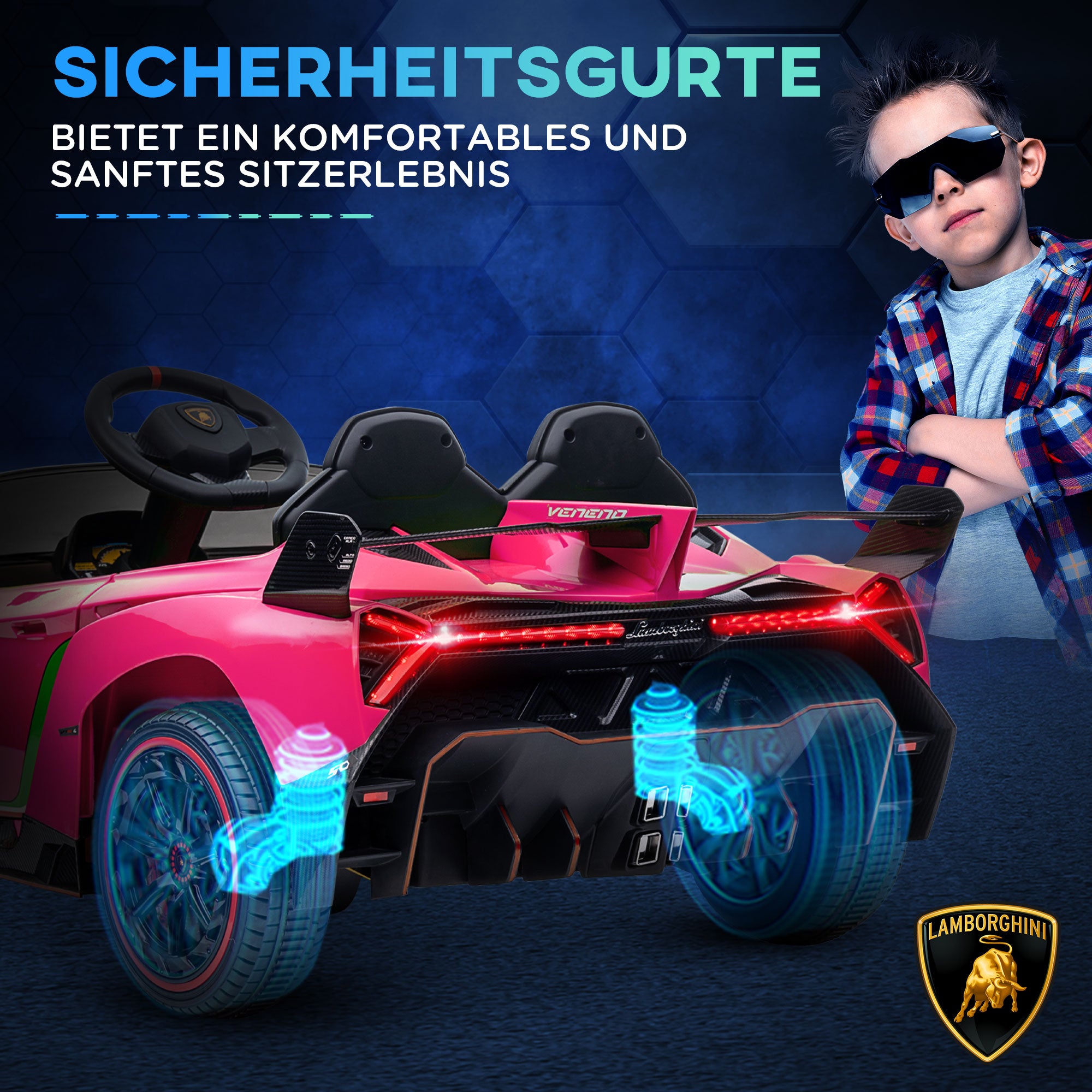 HOMCOM Elektro Kinderauto, lizenzierter Lamborghini Veneno, 3-7 km/h, Flügeltüren, Musikplayer, Fernsteuerung, pink