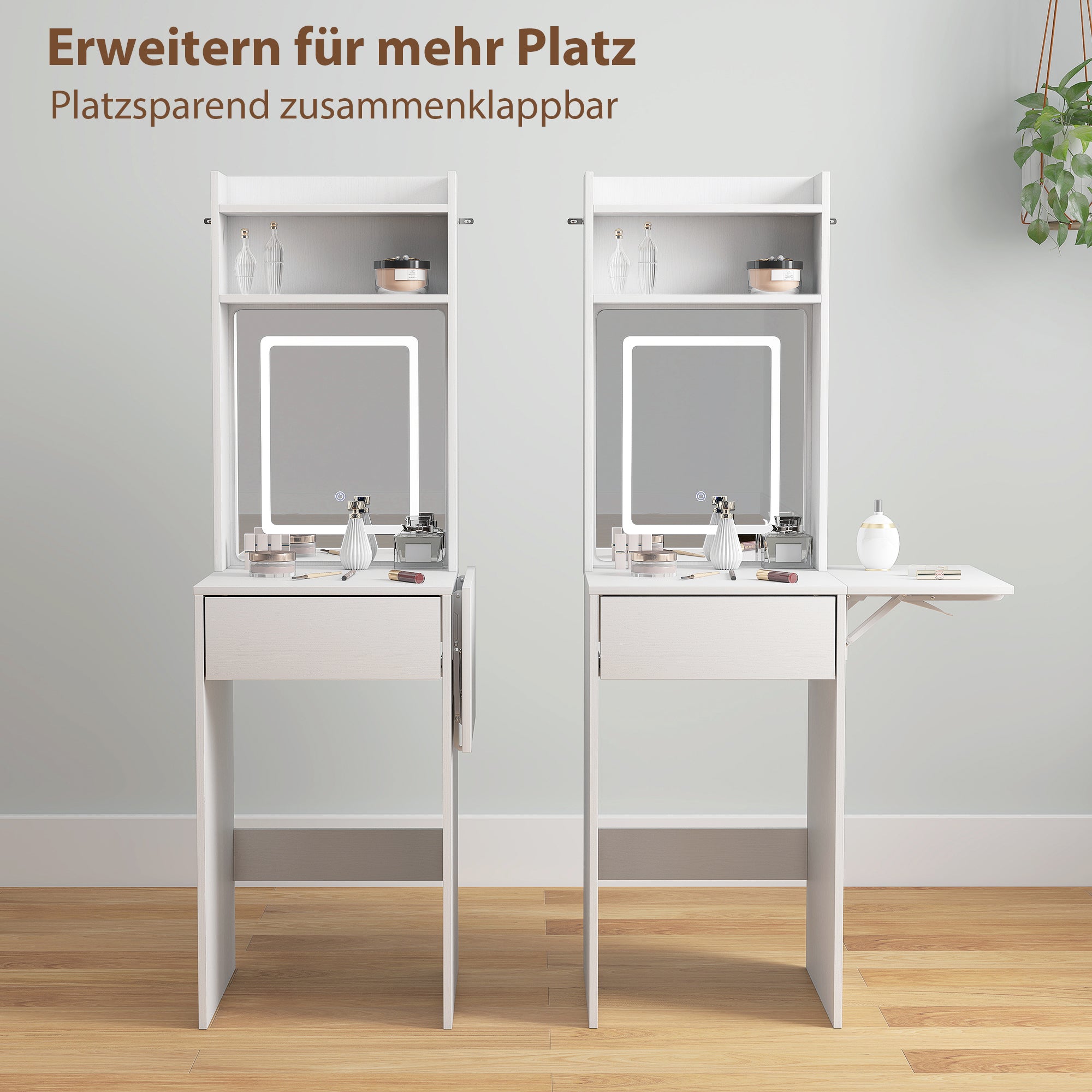 HOMCOM Kompakter Schminktisch mit Spiegel und LED-Beleuchtung, klappbare Tischplatte, offenere Regale, Schublade, MDF, Weiß