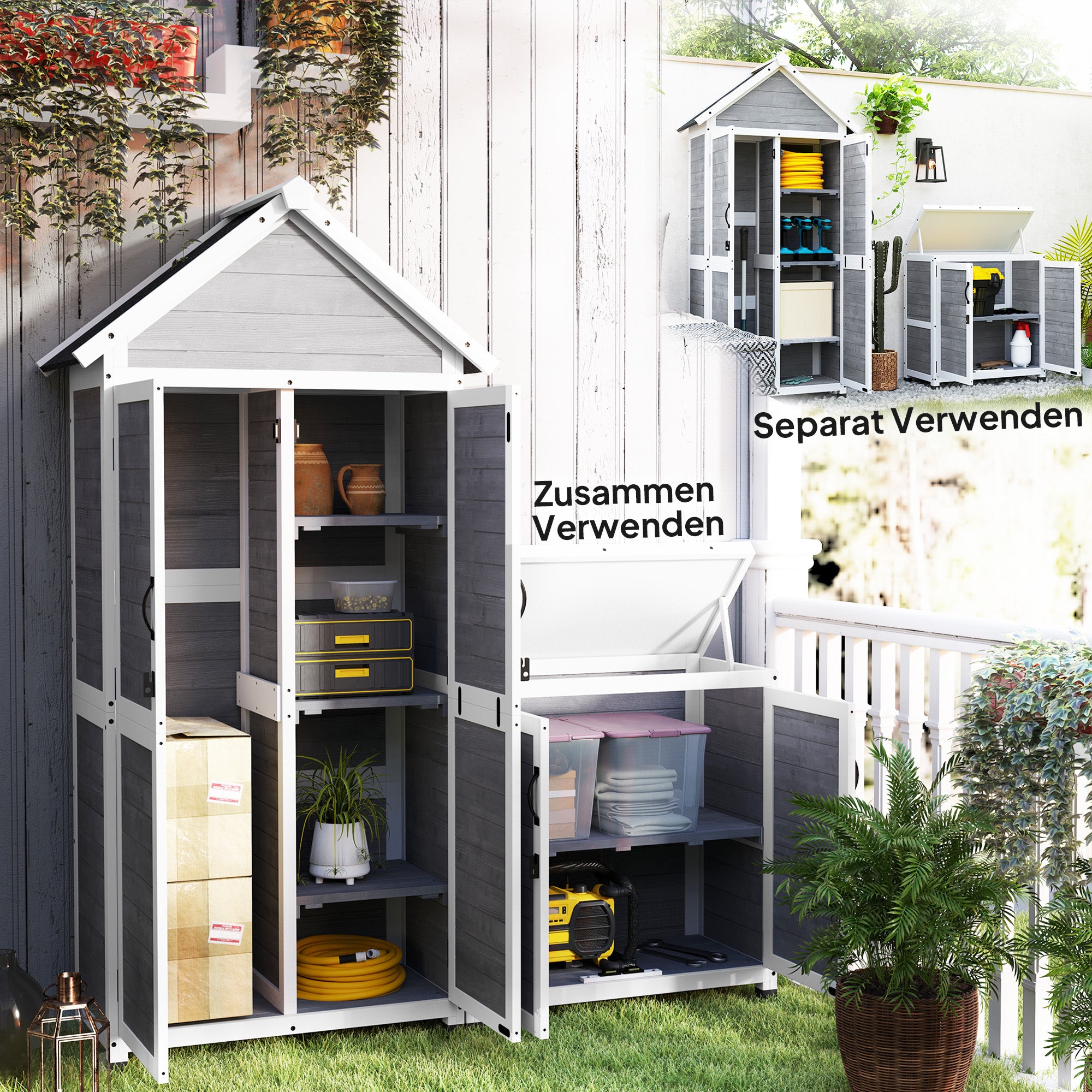 Outsunny Gartenschuppen mit Aufbewahrungsschrank, anpassbare Regale, verschließbare Türen, wasserfest, Fichtenholz, Hellgrau