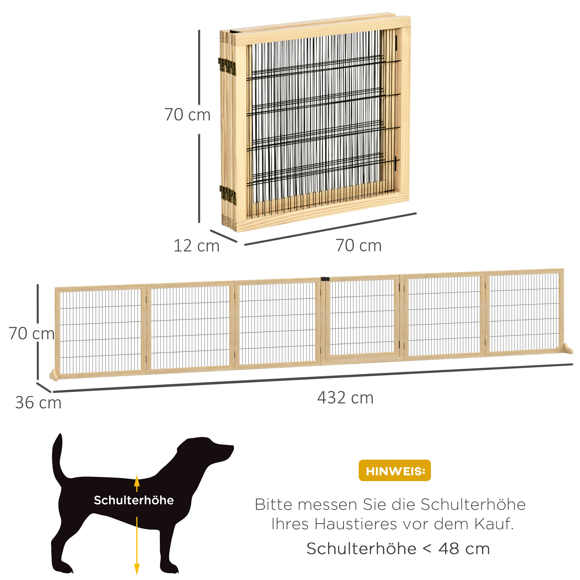 PawHut Haustiergitter Absperrgitter für Hunde, Kiefernholz, klappbar 432 x 36 x 70c m, Natur