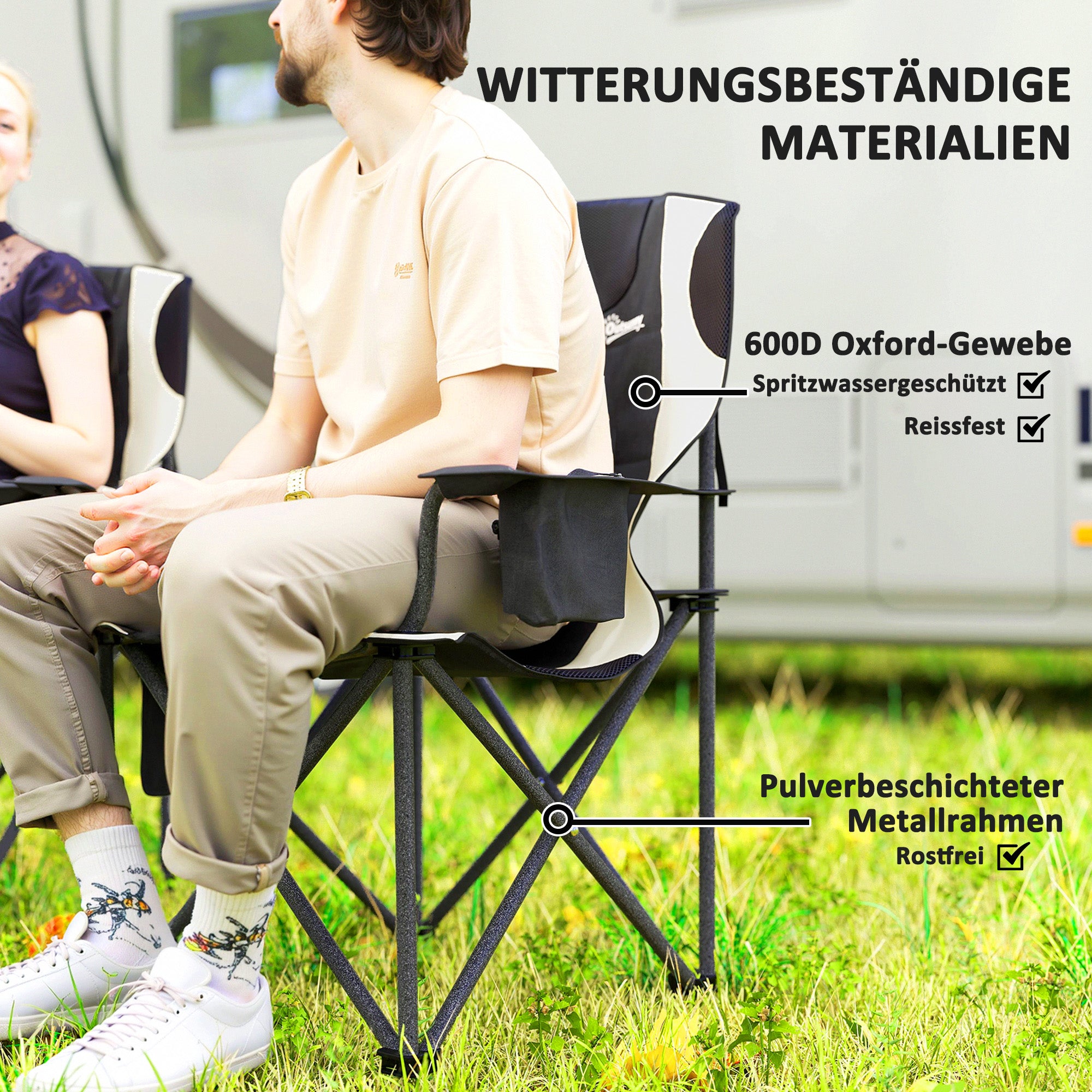Outsunny 2er Set Faltstuhl faltbar Campingstuhl mit Armlehnen Getränkehalter Kopfstütze Kühltasche Schwarz