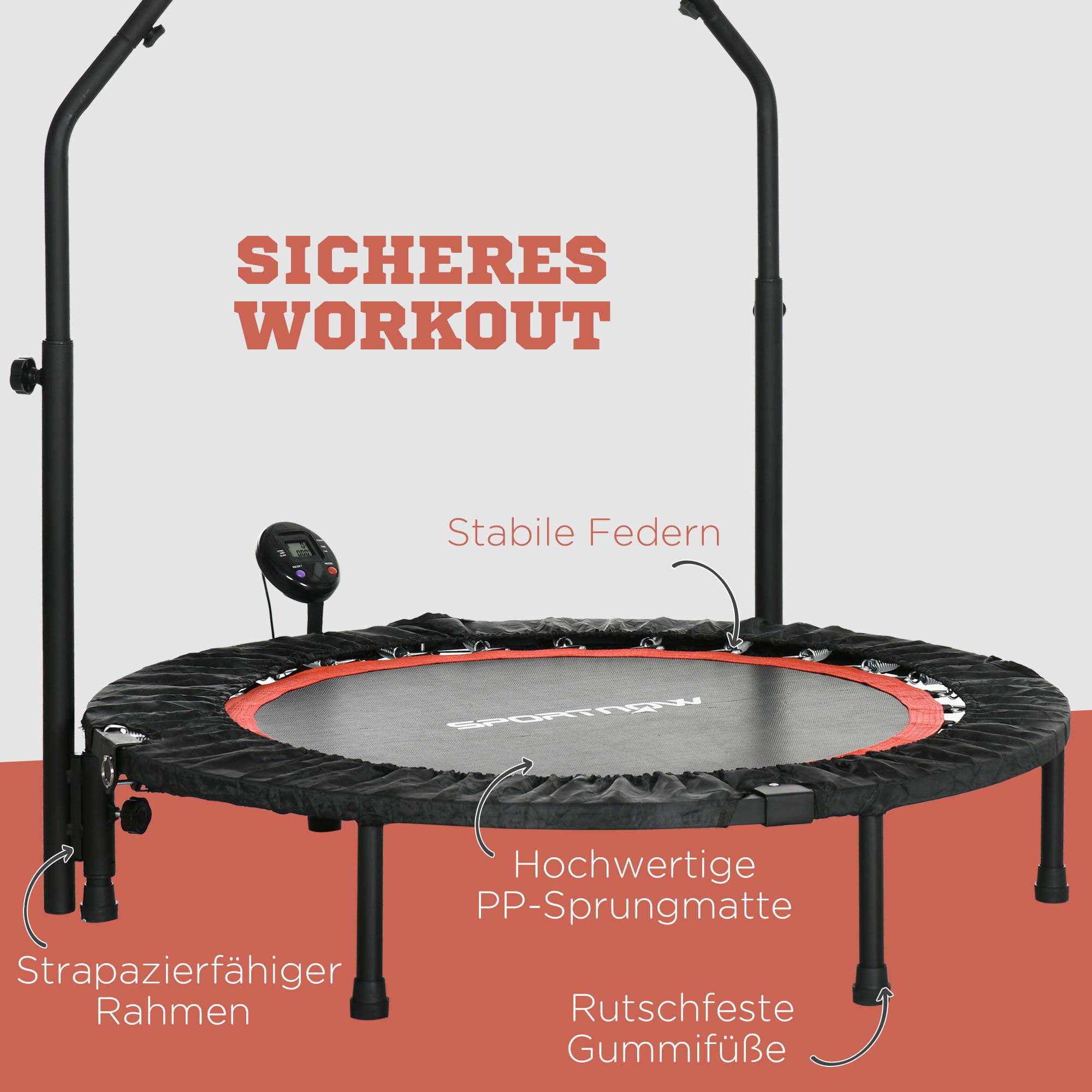SPORTNOW Mini-Trampolin, mit höhenverstellbarem Haltegriff, LCD-Monitor, Stahl, schwarz+rot, Ø102 x 99-123cm