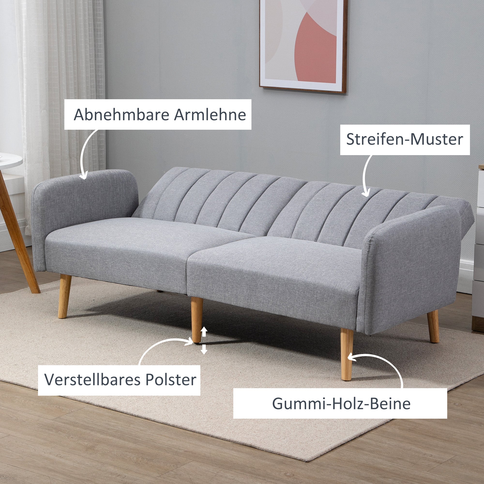 HOMCOM Schlafsofa, 2-Sitzer Stoffsofa, Sofa mit Schlaffunktion, leinenartiges Polyester, Kautschukholz, 173 x 75 x 73 cm, Grau