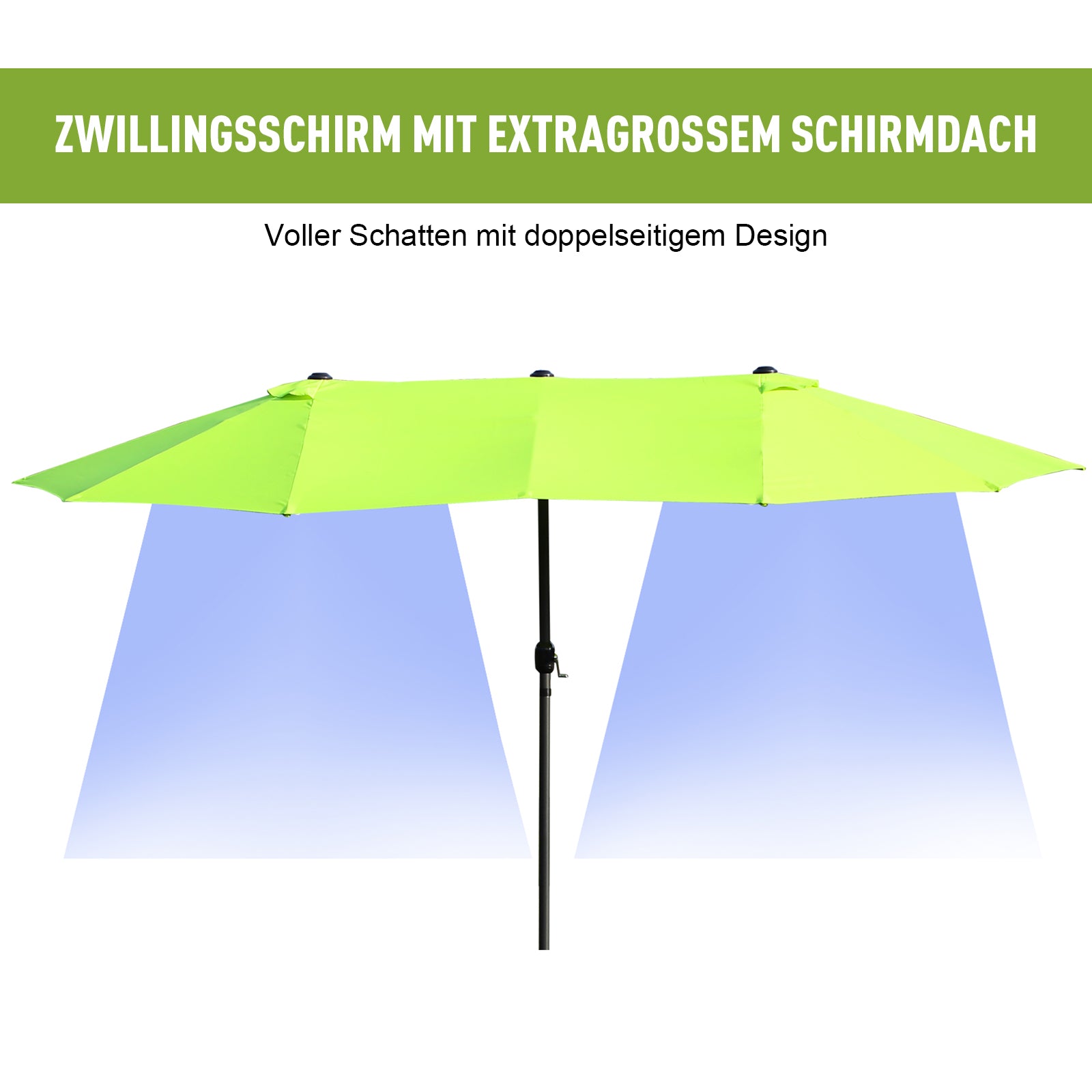 Outsunny Doppelsonnenschirm 455 x 270 cm Gartenschirm mit Handkurbel oval stabil Metallstange Marktschirm Doppelsonnenschirm Terrassenschirm Sonnenschutz für Strand Balkon Terrasse Garten Grün