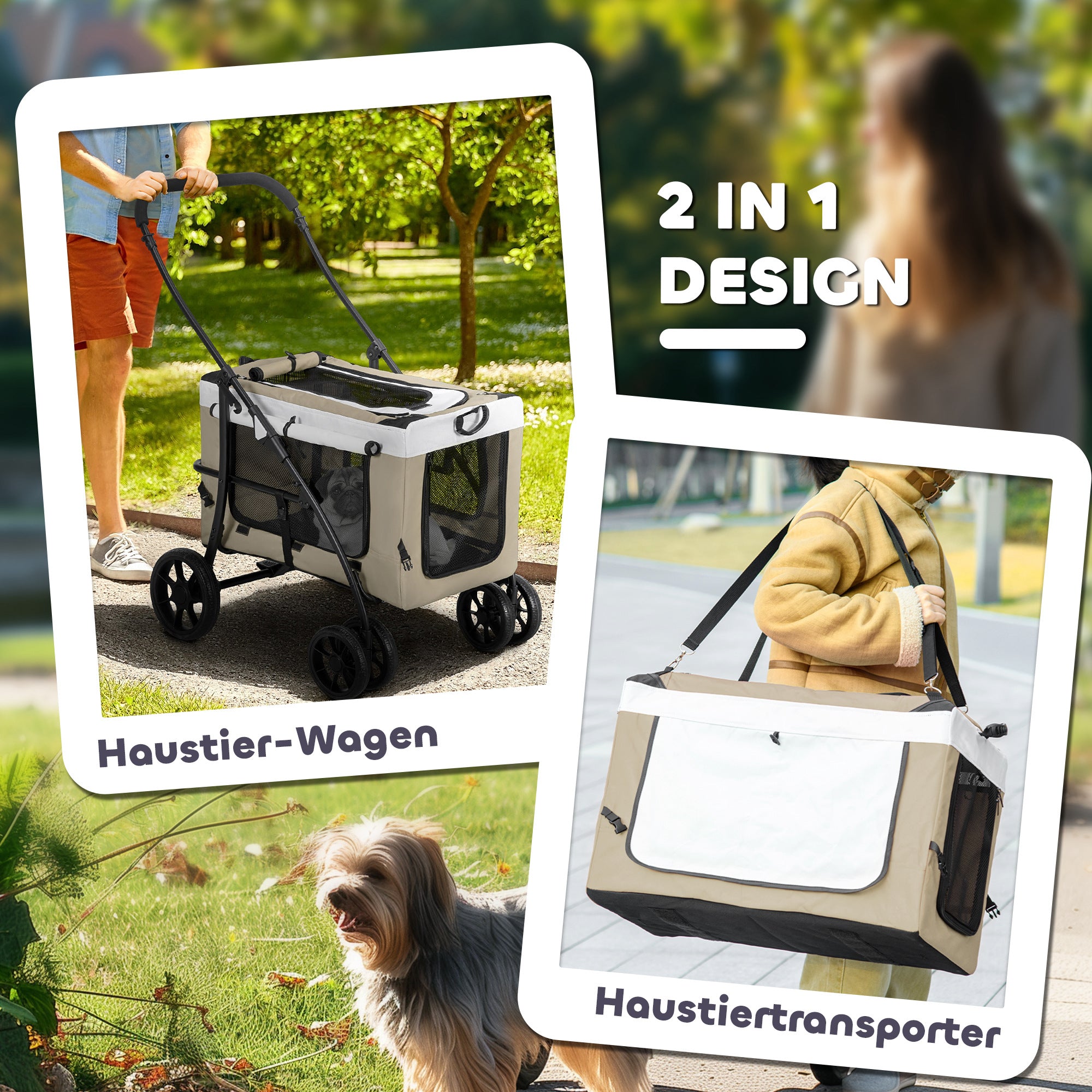 PawHut Hundbuggy Haustierbuggy Hundewagen, klappbar, abnehmbarer Korb, 81 x 58 x 97,5 cm, Schwarz+Khaki+Weiß