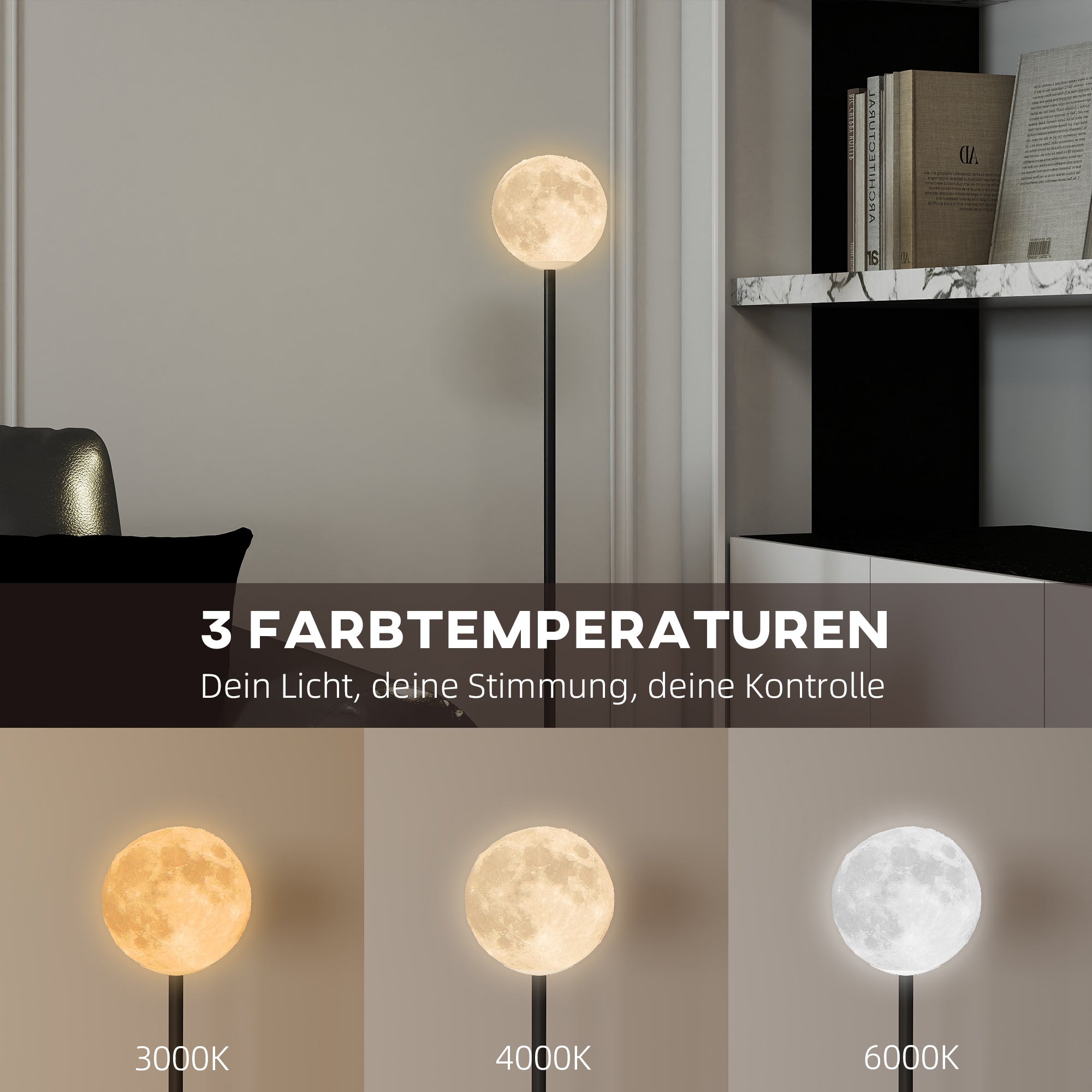 HOMCOM Stehlampe mit Schirm in Mondoptik, Fußschalter, 3 Farbtemperaturen, Metall, Schwarz