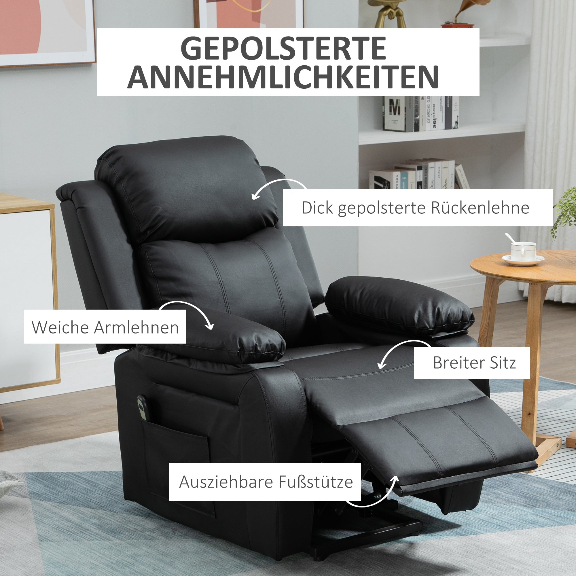 HOMCOM Relaxsessel mit Aufstehhilfe, inkl. Fußstütze und Kopfstütze, 1 Fernbedienung, Schwarz
