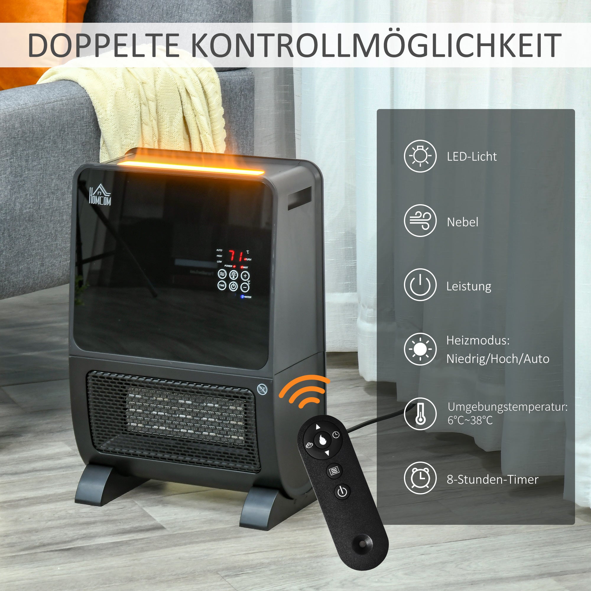 HOMCOM 2-in-1 Heizlüfter, Heizgerät, LED-Licht, 8 Stunden-Timer, 33 cm x 21 cm x 49,5 cm, Schwarz