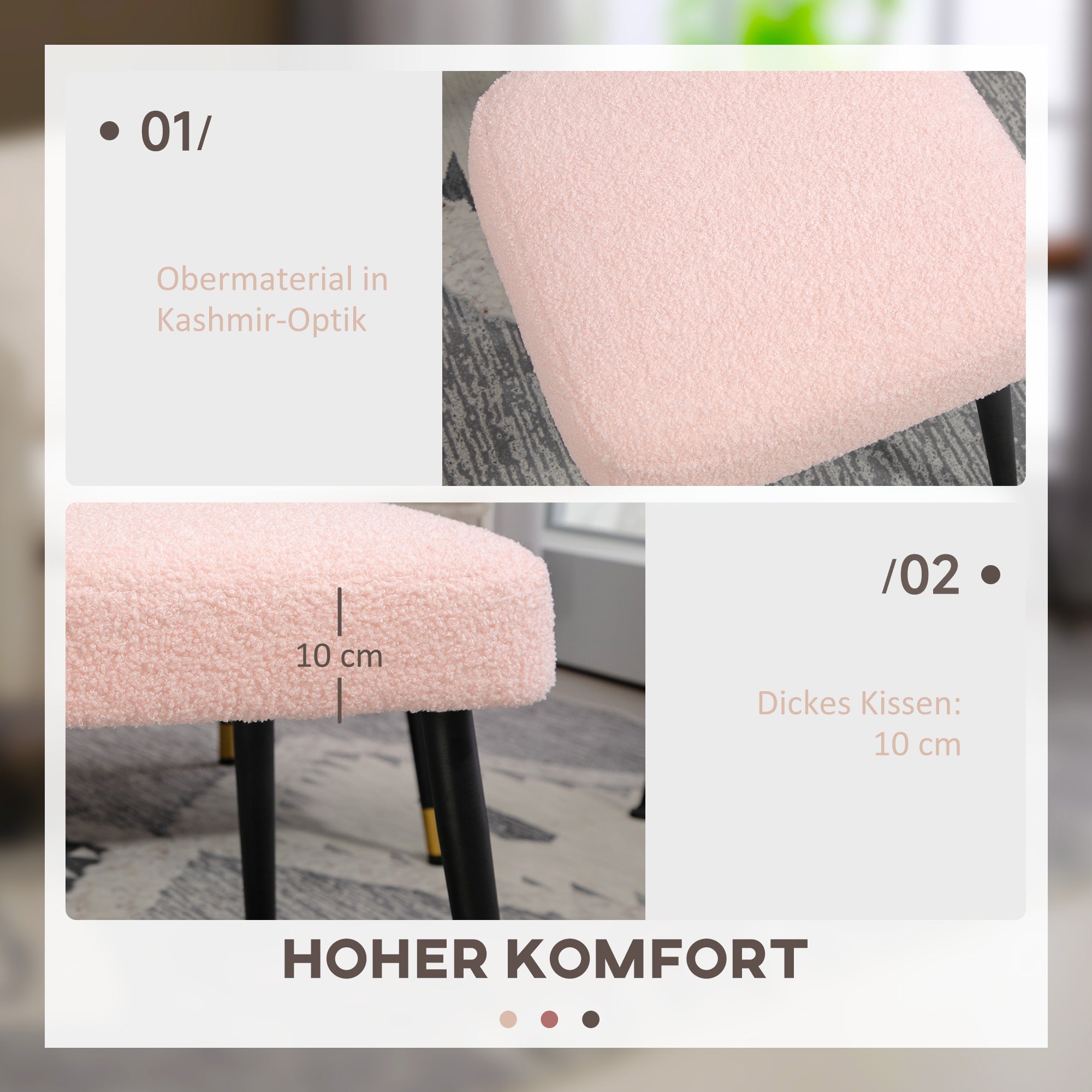HOMCOM Hocker, Fußstütze, gepolsterter Sitz, Kaschmir-Optik, Stahlbeine, 42 x 42 x 47 cm, Rosa
