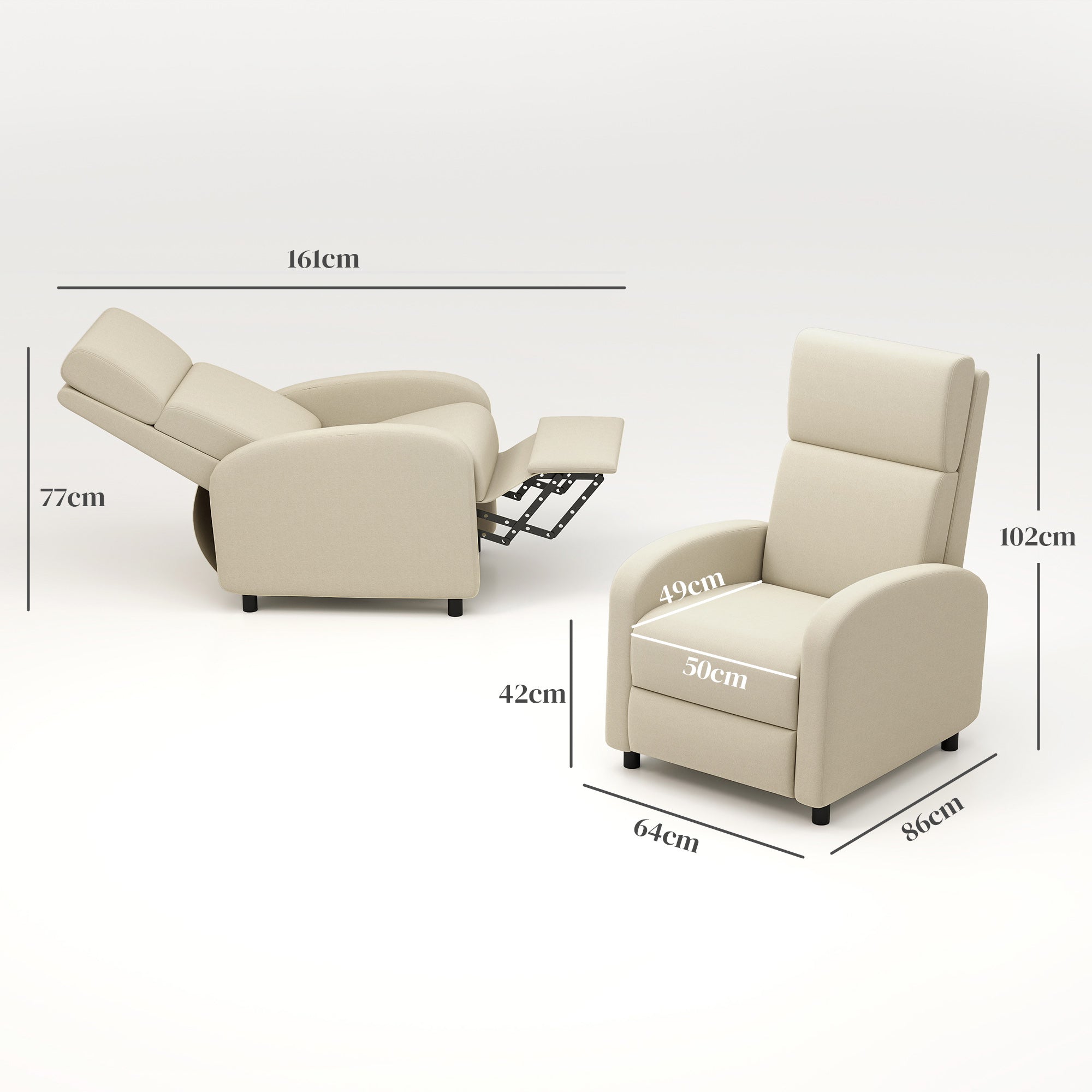 HOMCOM Relaxsessel Fernsehsessel, ausklappbare Fußstütze, neigbar bis zu 160°, 64 x 86 x 102 cm, Creme