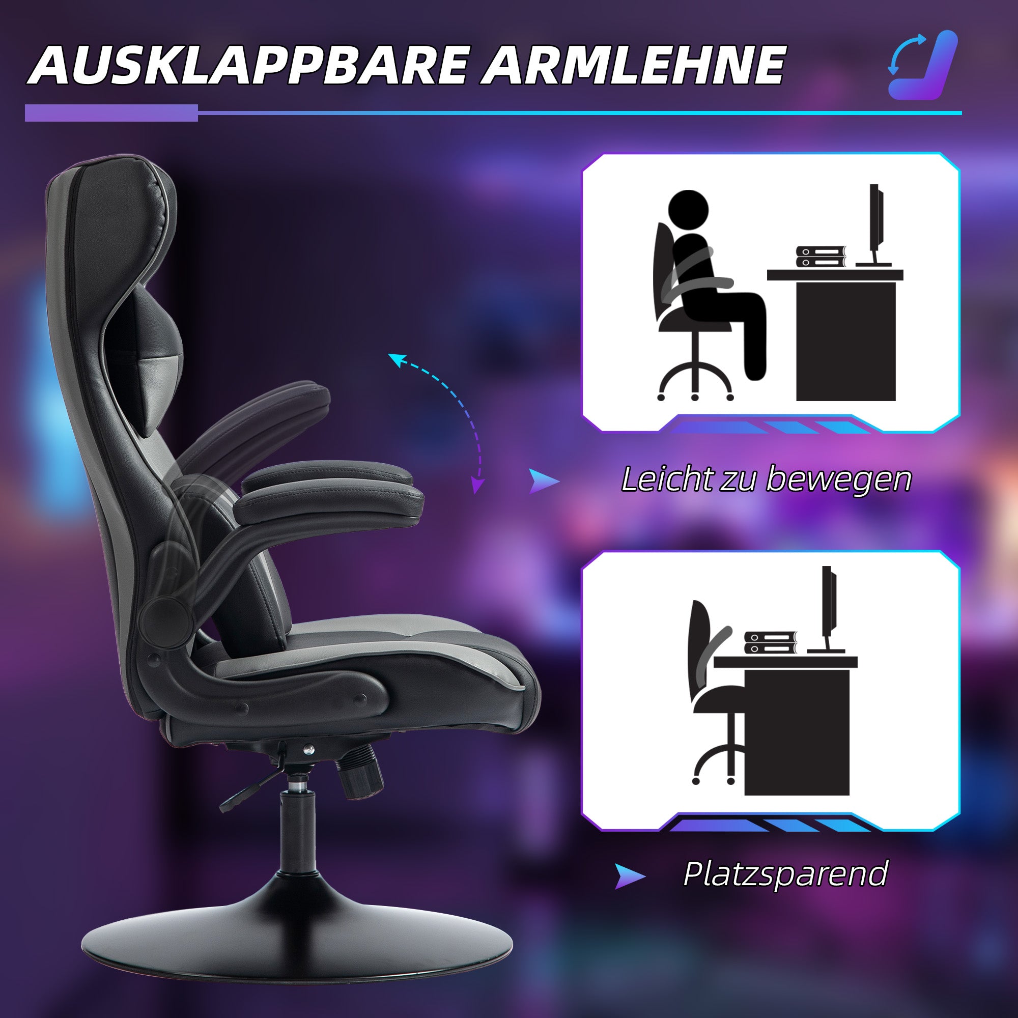 Vinsetto Gaming-Stuhl mit Schaukelfunktion, Drehstuhl, höhenverstellbar, gepolsterter Sitz, Metall, 67 x 71 x 112 cm, Grau