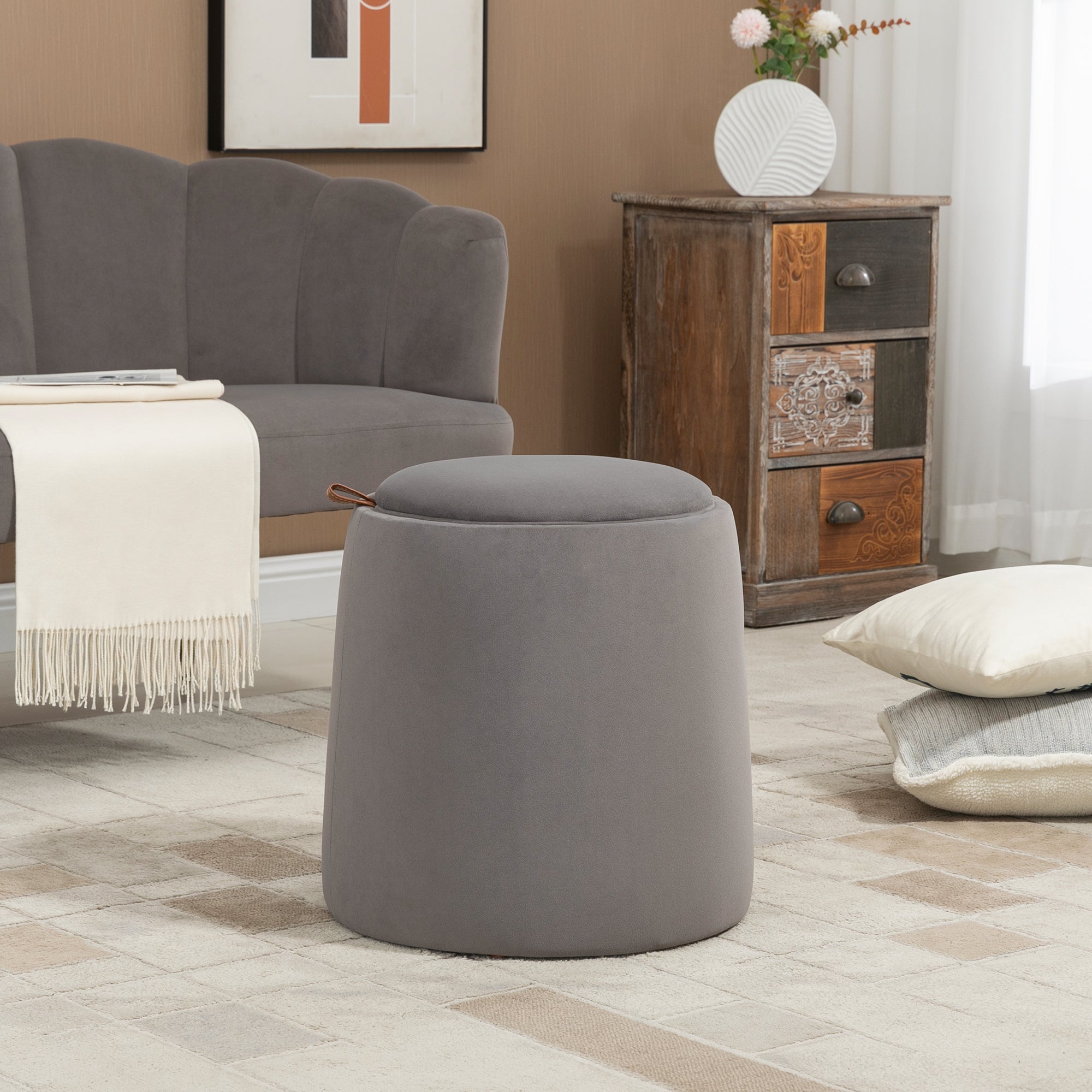HOMCOM 2-in-1 Hocker in Samtoptik inklusive Stauraum und abnehmbaren Deckel Φ44 cm x 47,5 cm Grau