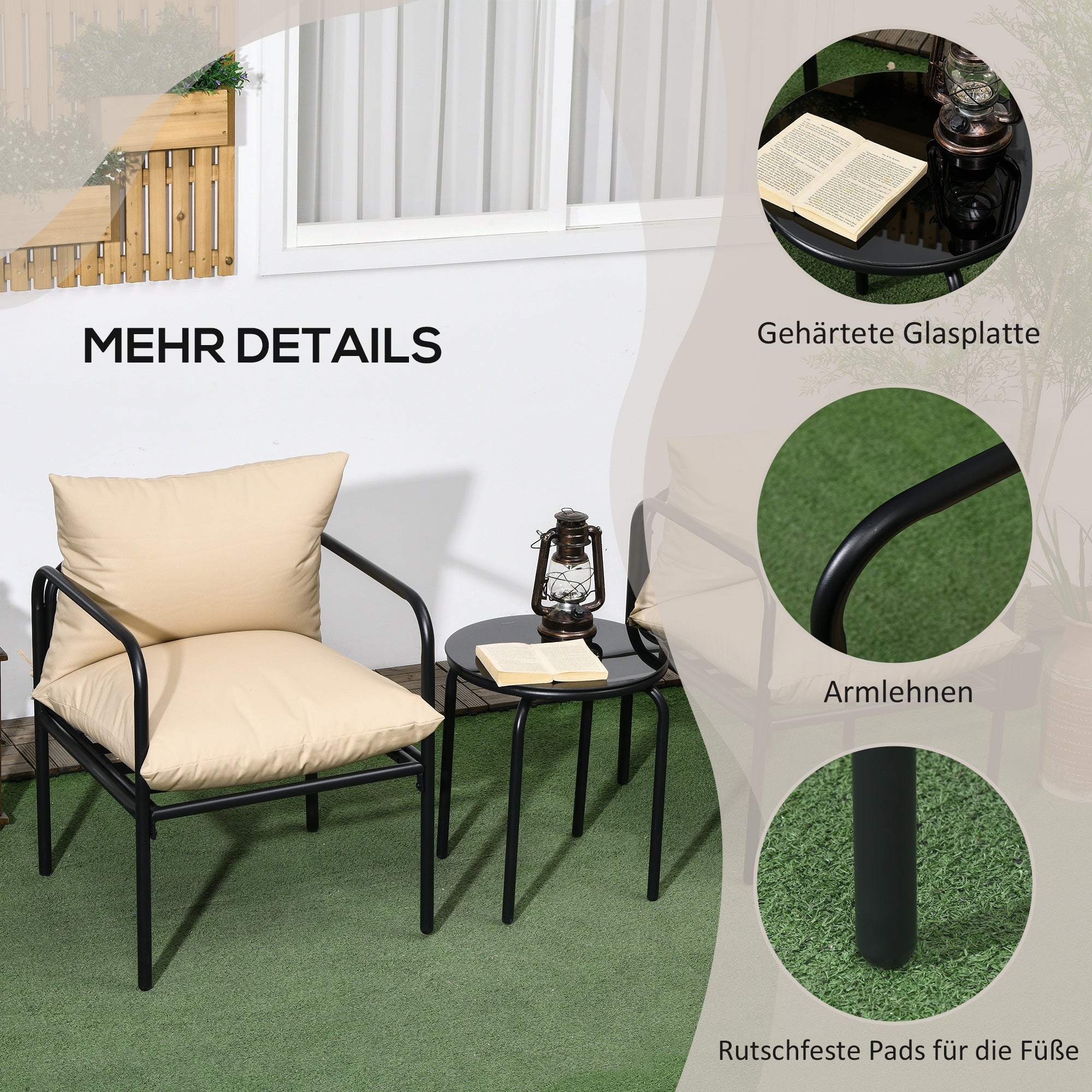 Outsunny Outdoor Sitzgruppe, 3-teilig, 2 Stühle, Tisch mit Glasplatte, Sitzkissen, Metallgestell, Beige